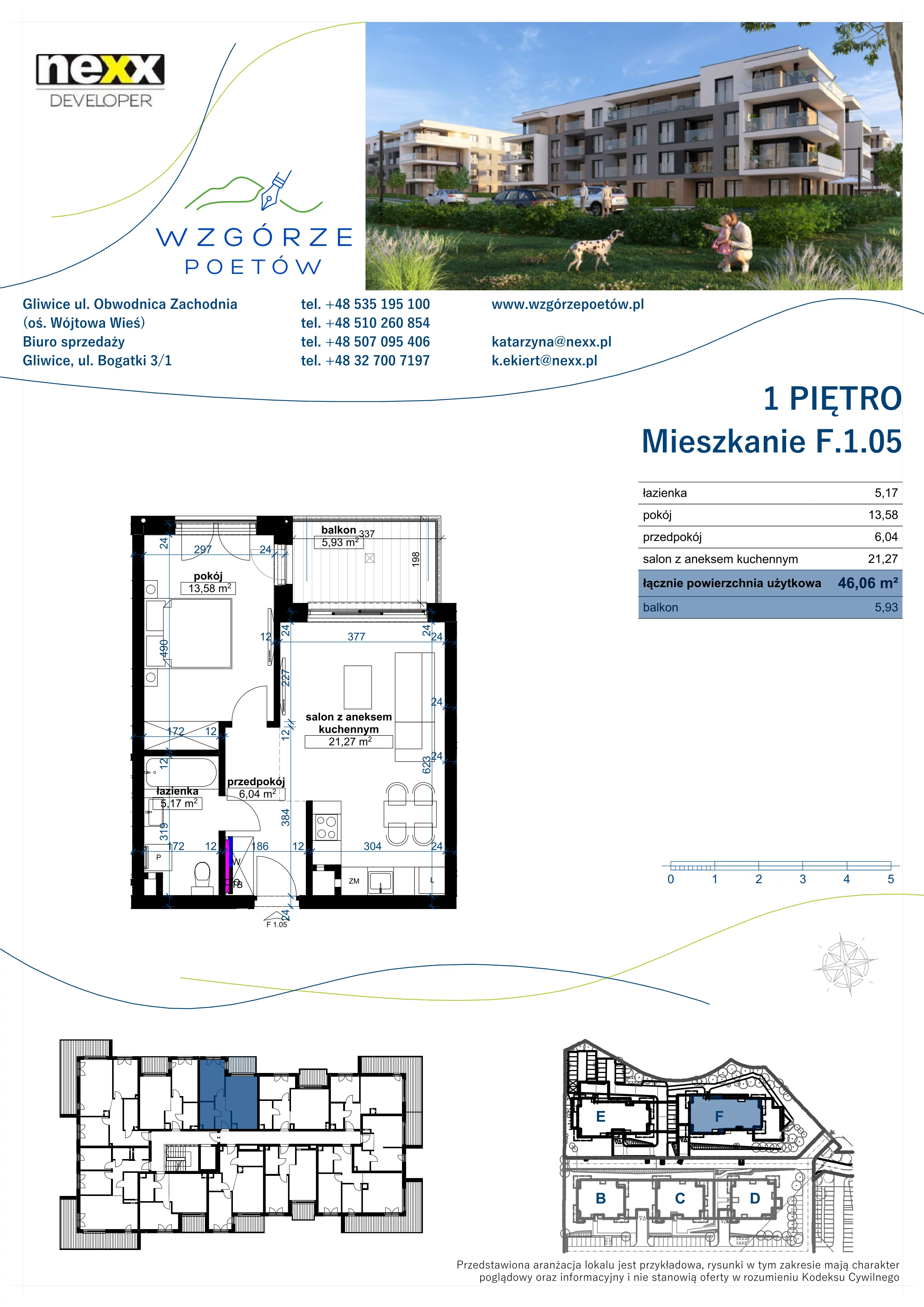 2 pokoje, mieszkanie 46,06 m², piętro 1, oferta nr F.1.05, Wzgórze Poetów 2, Gliwice, Wójtowa Wieś, ul. T. Mazowieckiego