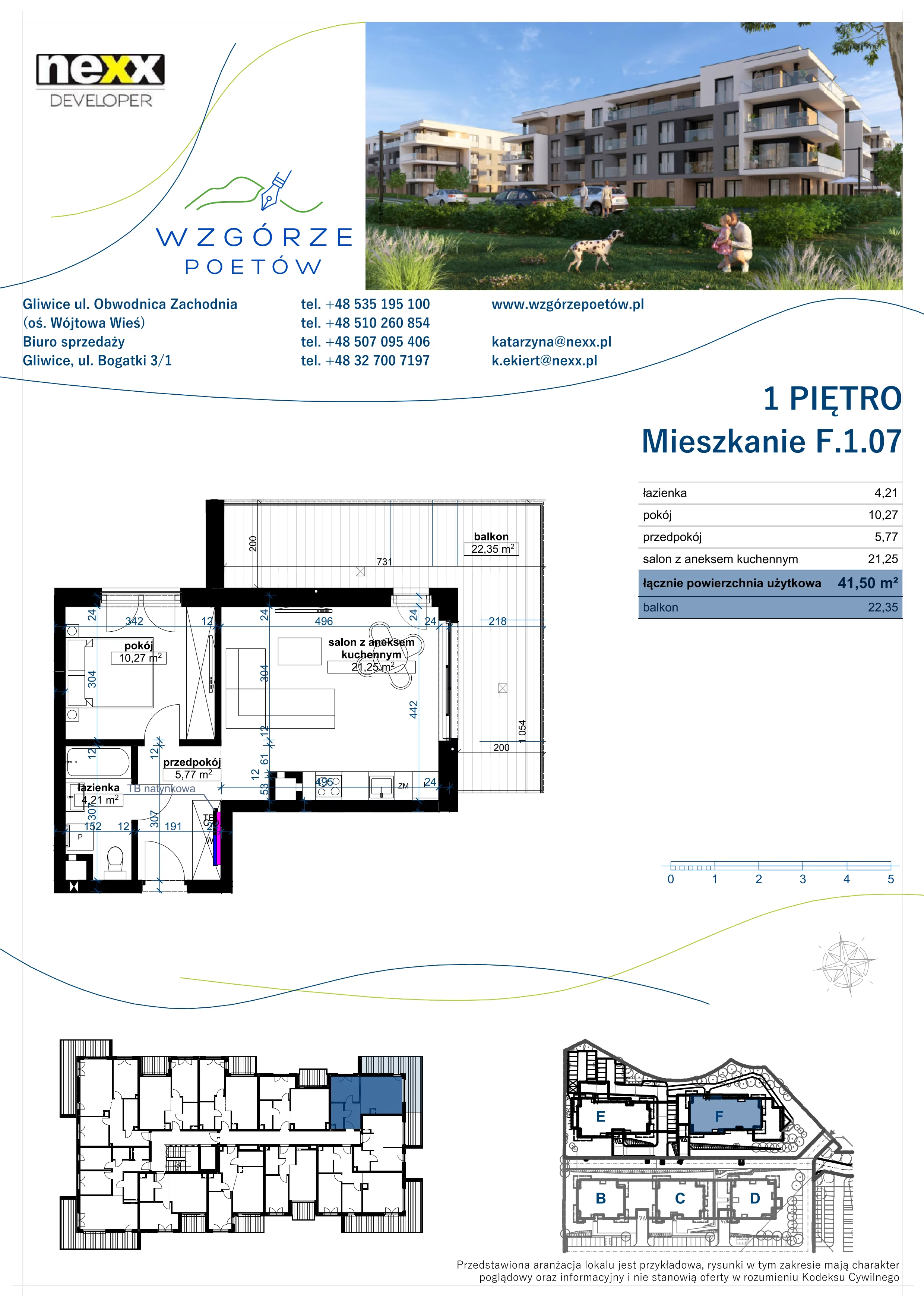 2 pokoje, mieszkanie 41,50 m², piętro 1, oferta nr F.1.07, Wzgórze Poetów 2, Gliwice, Wójtowa Wieś, ul. T. Mazowieckiego