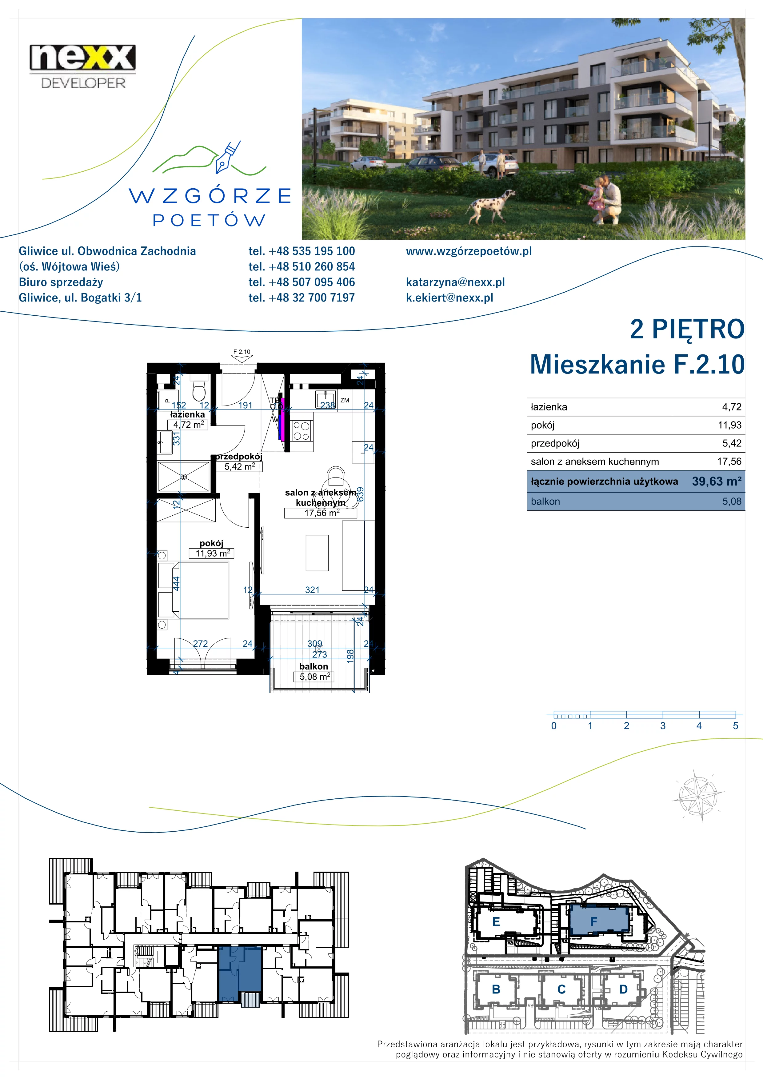 2 pokoje, mieszkanie 39,63 m², piętro 2, oferta nr F.2.10, Wzgórze Poetów 2, Gliwice, Wójtowa Wieś, ul. T. Mazowieckiego