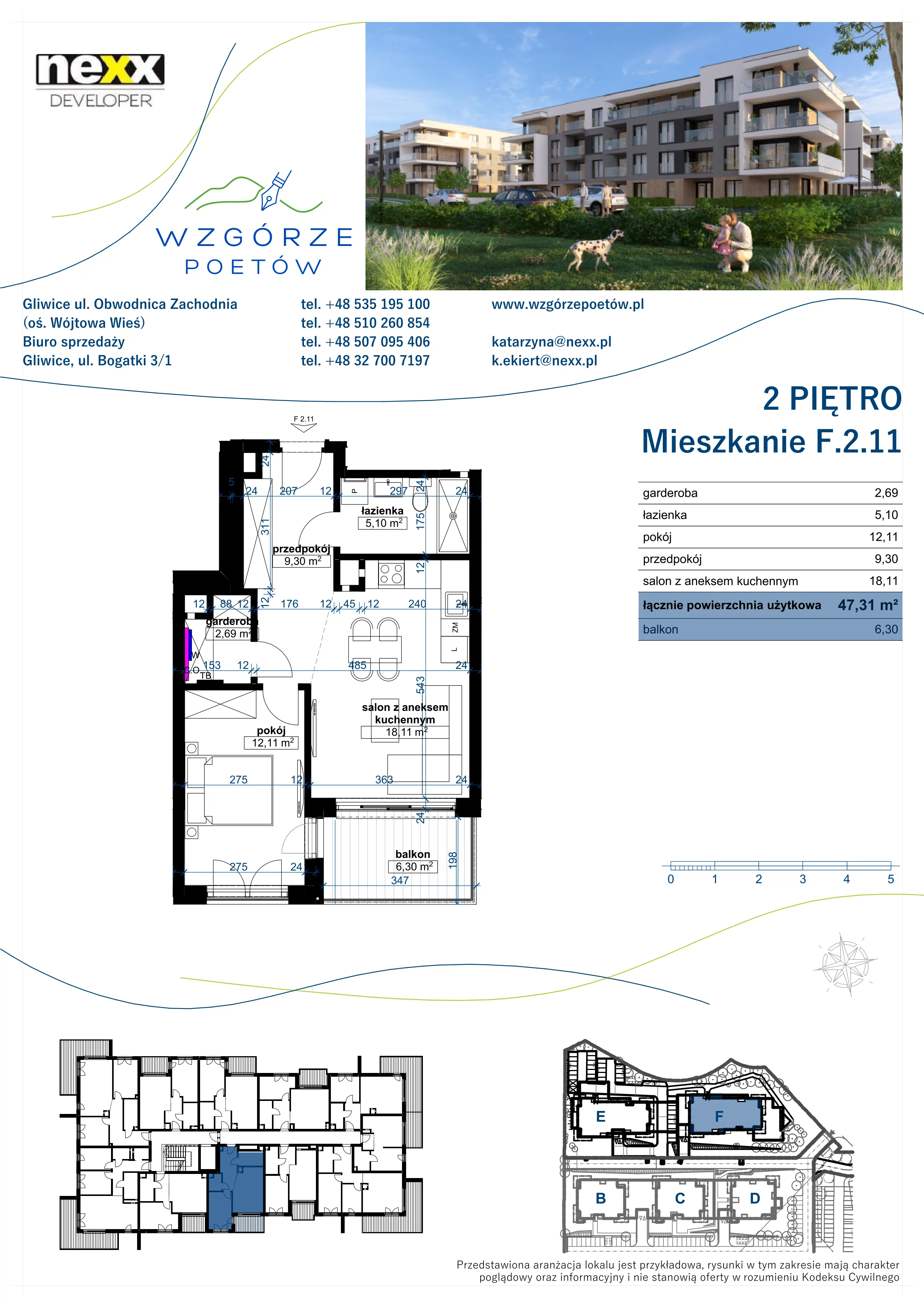 2 pokoje, mieszkanie 47,31 m², piętro 2, oferta nr F.2.11, Wzgórze Poetów 2, Gliwice, Wójtowa Wieś, ul. T. Mazowieckiego