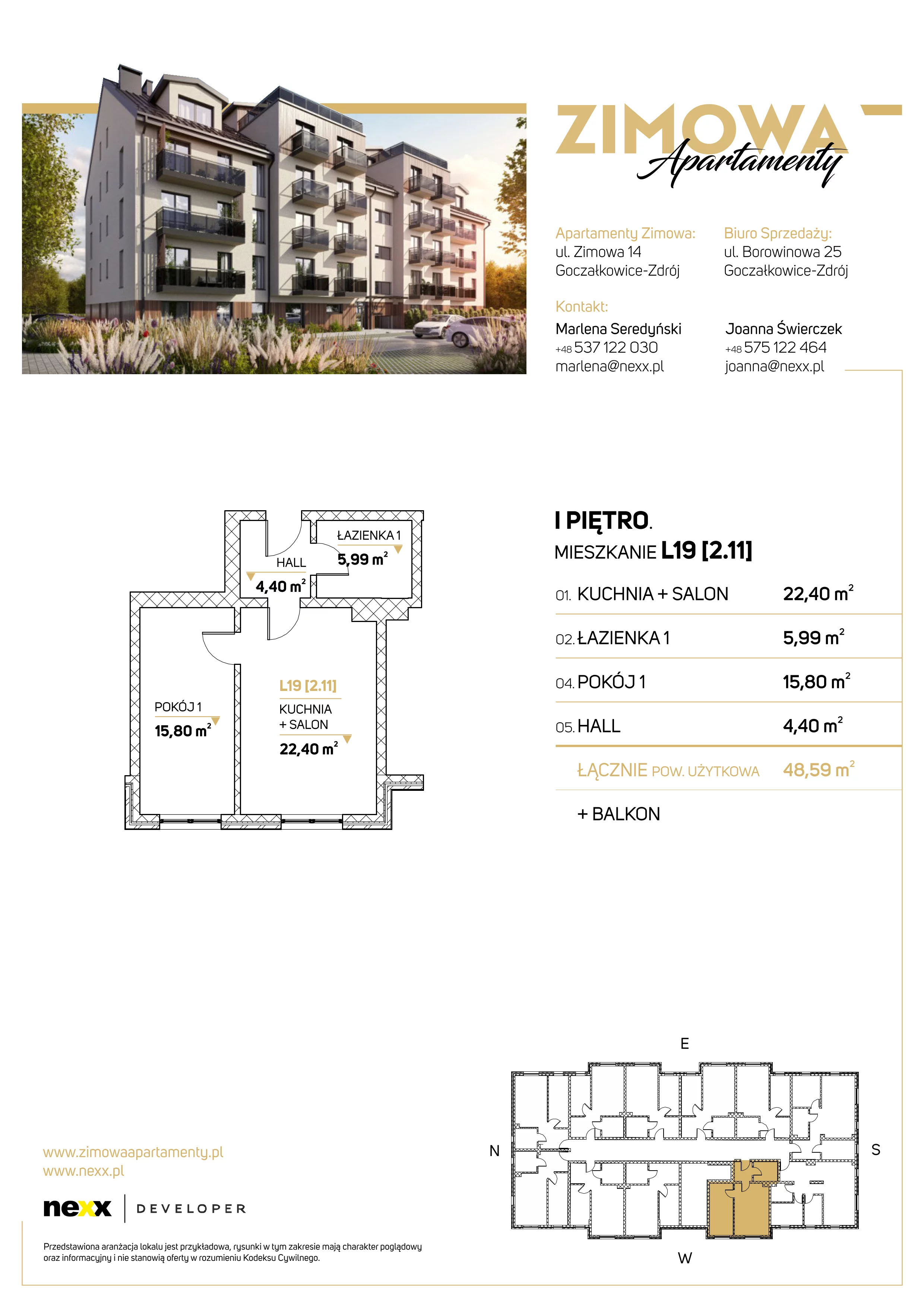 2 pokoje, mieszkanie 48,59 m², piętro 1, oferta nr L19, Zimowa Apartamenty, Goczałkowice-Zdrój, ul. Zimowa 14A