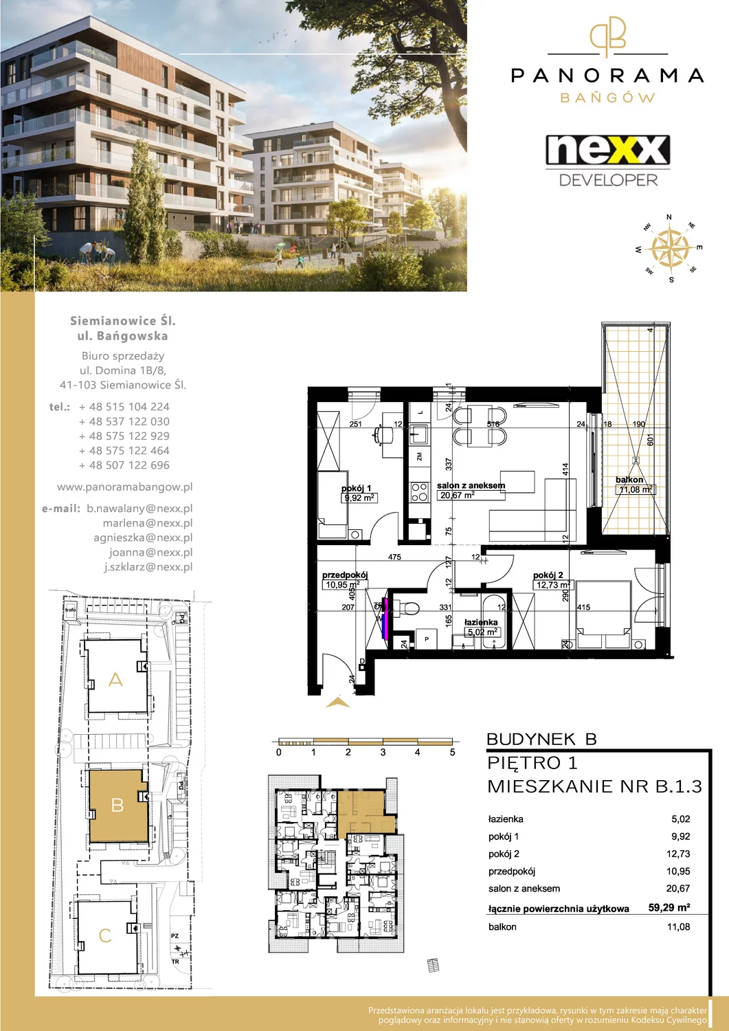 Mieszkanie 59,29 m², piętro 1, oferta nr B 1.3, Panorama Bańgów, Siemianowice Śląskie, Bańgów, ul. Bańgowska