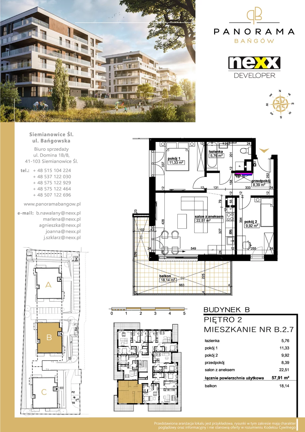 Mieszkanie 57,91 m², piętro 2, oferta nr B 2.7, Panorama Bańgów, Siemianowice Śląskie, Bańgów, ul. Bańgowska