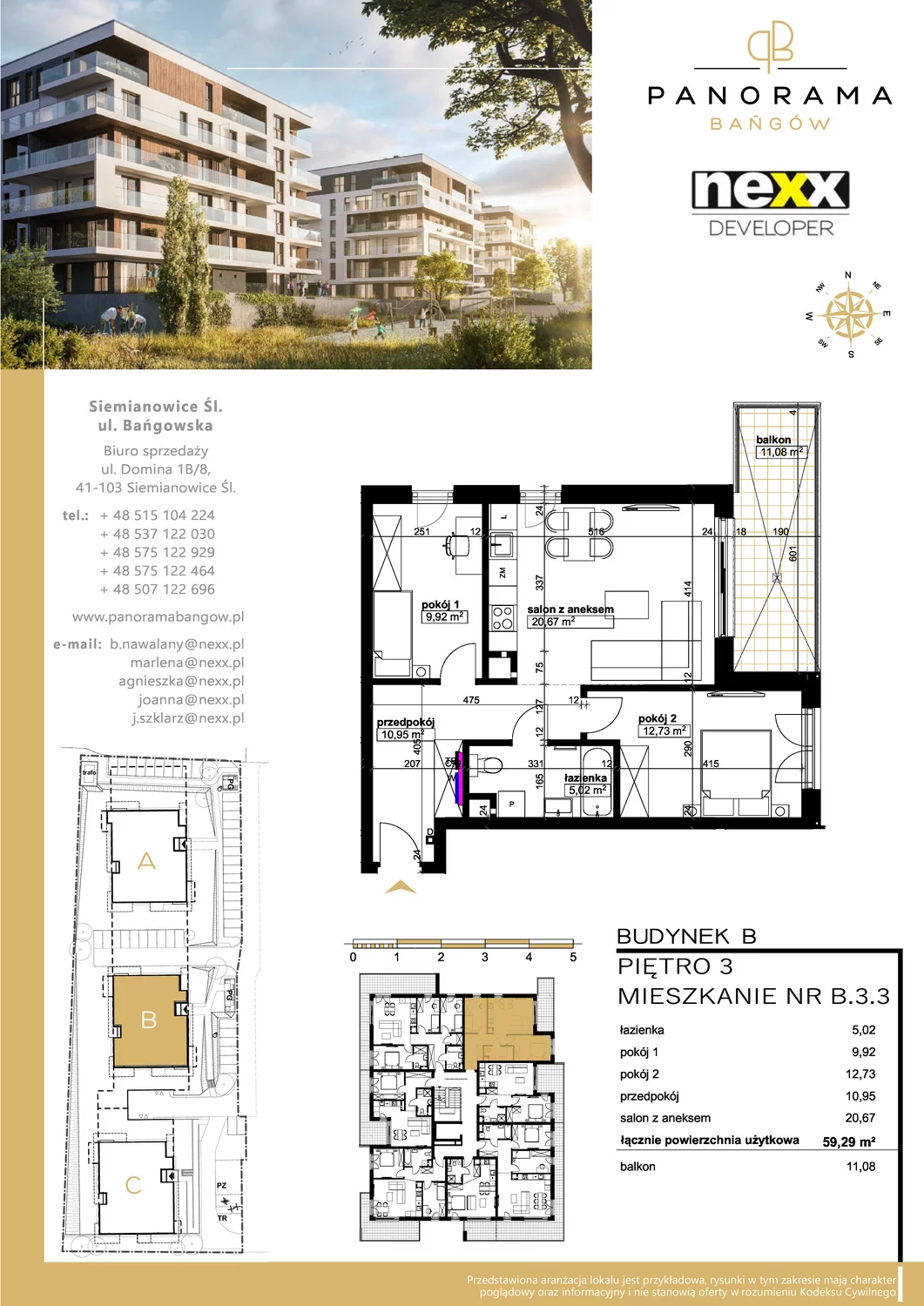 Mieszkanie 59,29 m², piętro 3, oferta nr B 3.3, Panorama Bańgów, Siemianowice Śląskie, Bańgów, ul. Bańgowska