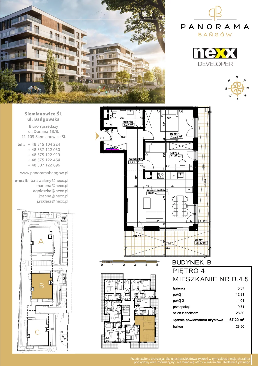 Mieszkanie 67,20 m², piętro 4, oferta nr B 4.5, Panorama Bańgów, Siemianowice Śląskie, Bańgów, ul. Bańgowska