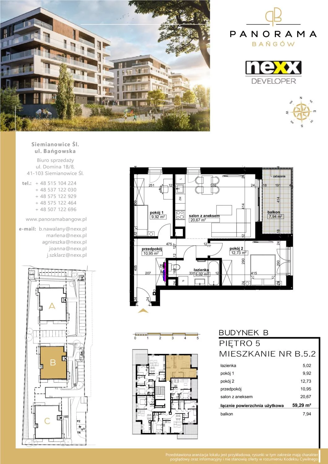 Mieszkanie 59,29 m², piętro 5, oferta nr B 5.2, Panorama Bańgów, Siemianowice Śląskie, Bańgów, ul. Bańgowska