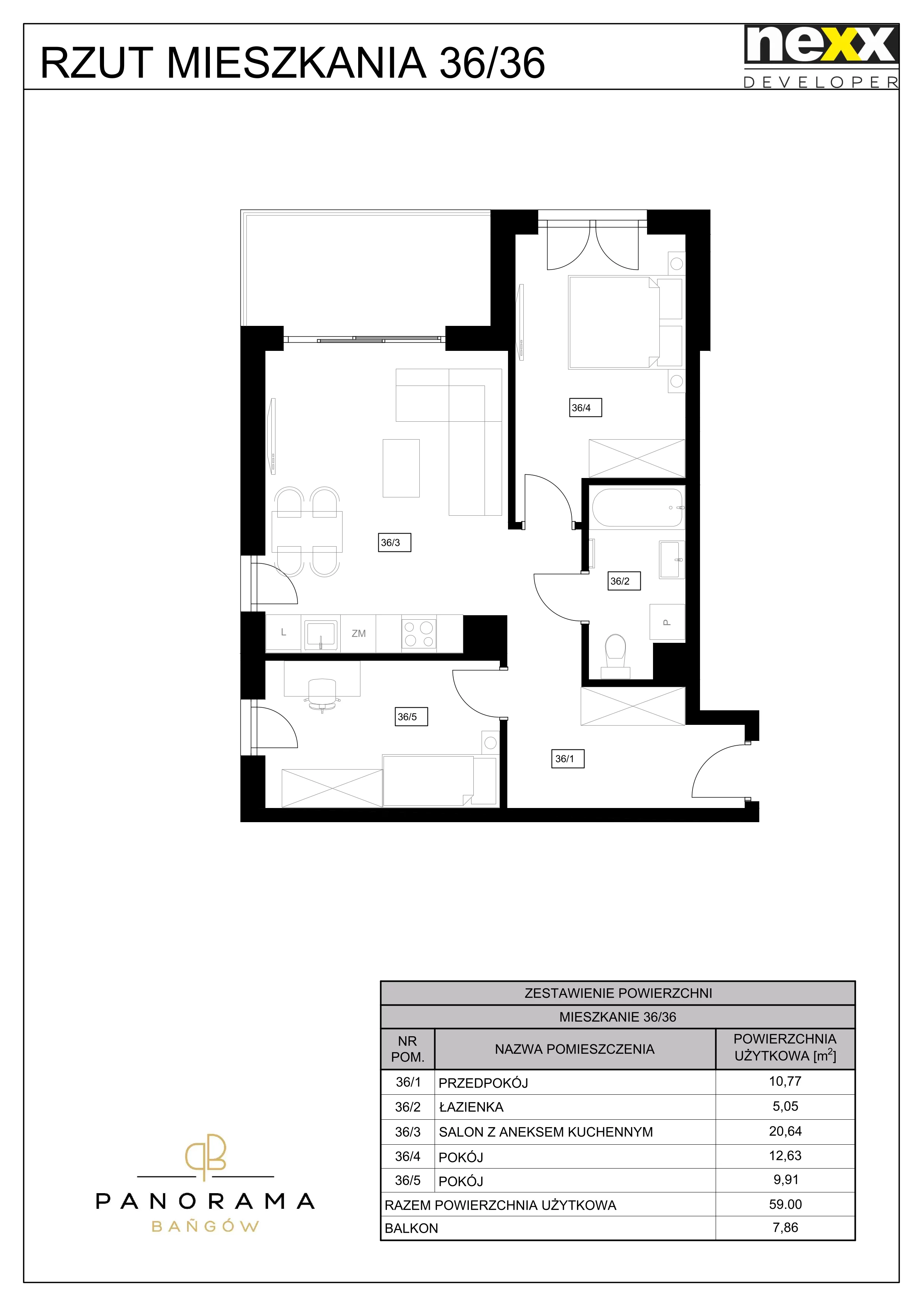 3 pokoje, mieszkanie 59,00 m², piętro 5, oferta nr C36, Panorama Bańgów, Siemianowice Śląskie, Bańgów, ul. Bańgowska