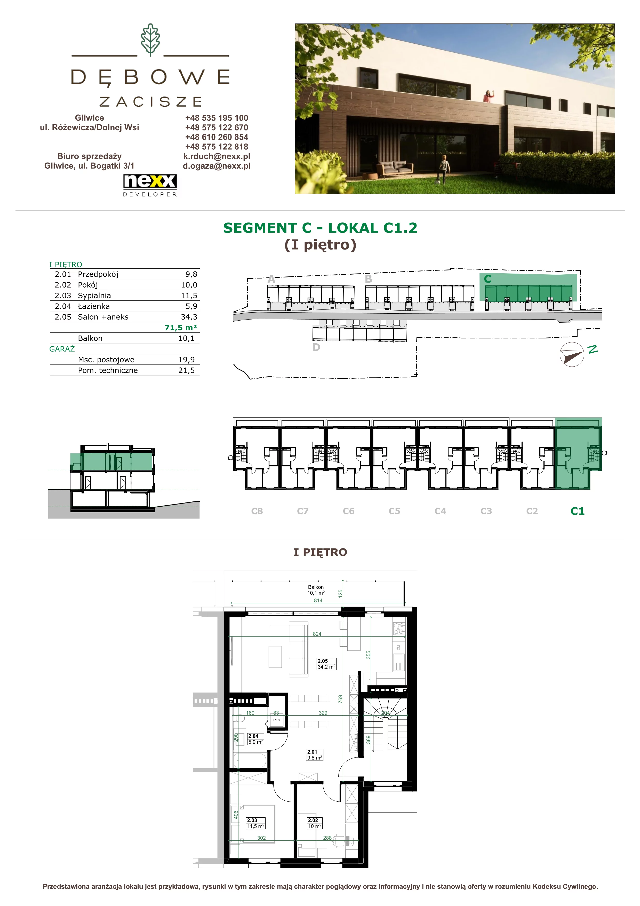 3 pokoje, mieszkanie 71,50 m², piętro 1, oferta nr C1.2, Dębowe Zacisze, Gliwice, Wójtowa Wieś, ul. Dolnej Wsi