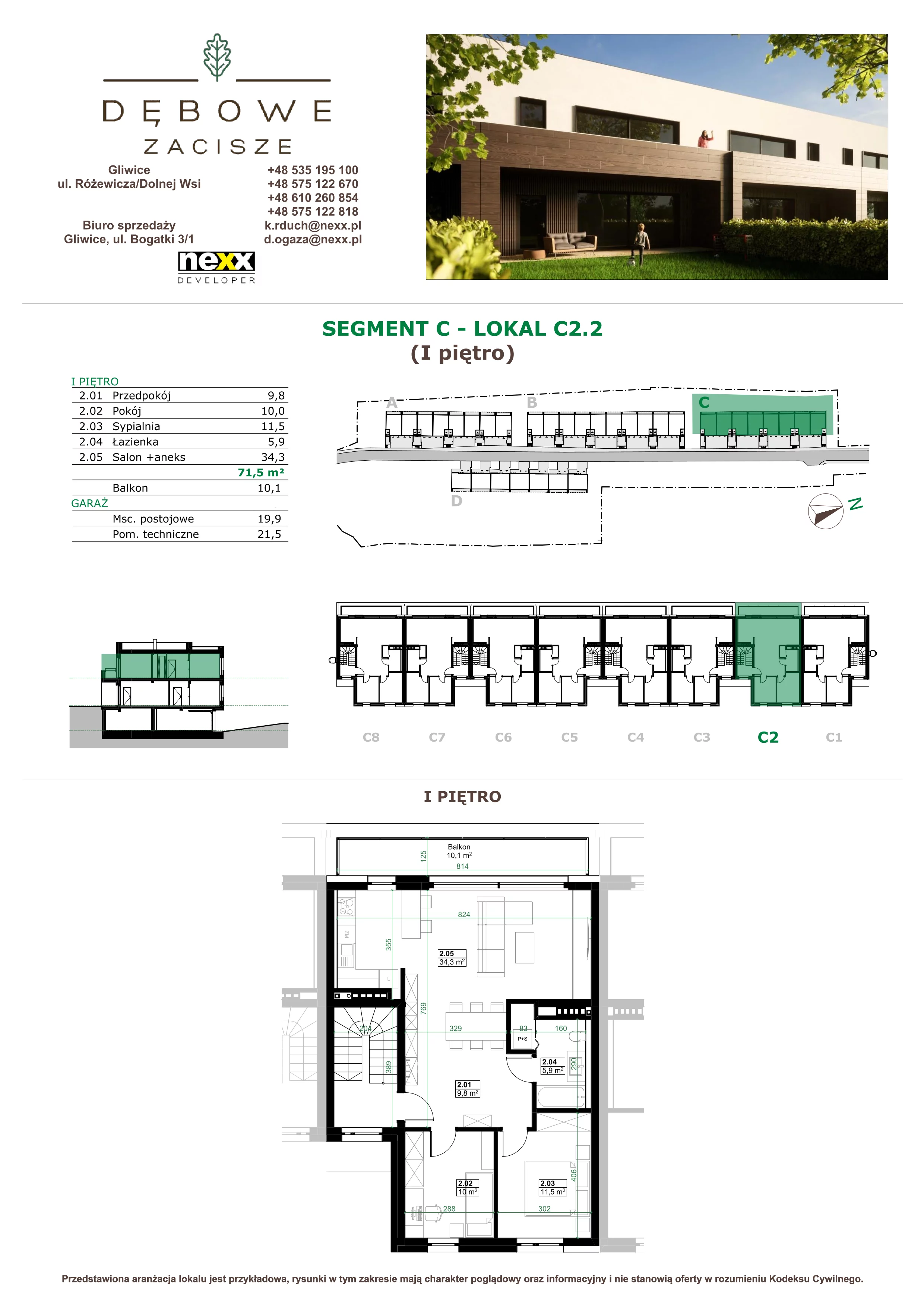 3 pokoje, mieszkanie 71,50 m², piętro 1, oferta nr C2.2, Dębowe Zacisze, Gliwice, Wójtowa Wieś, ul. Dolnej Wsi