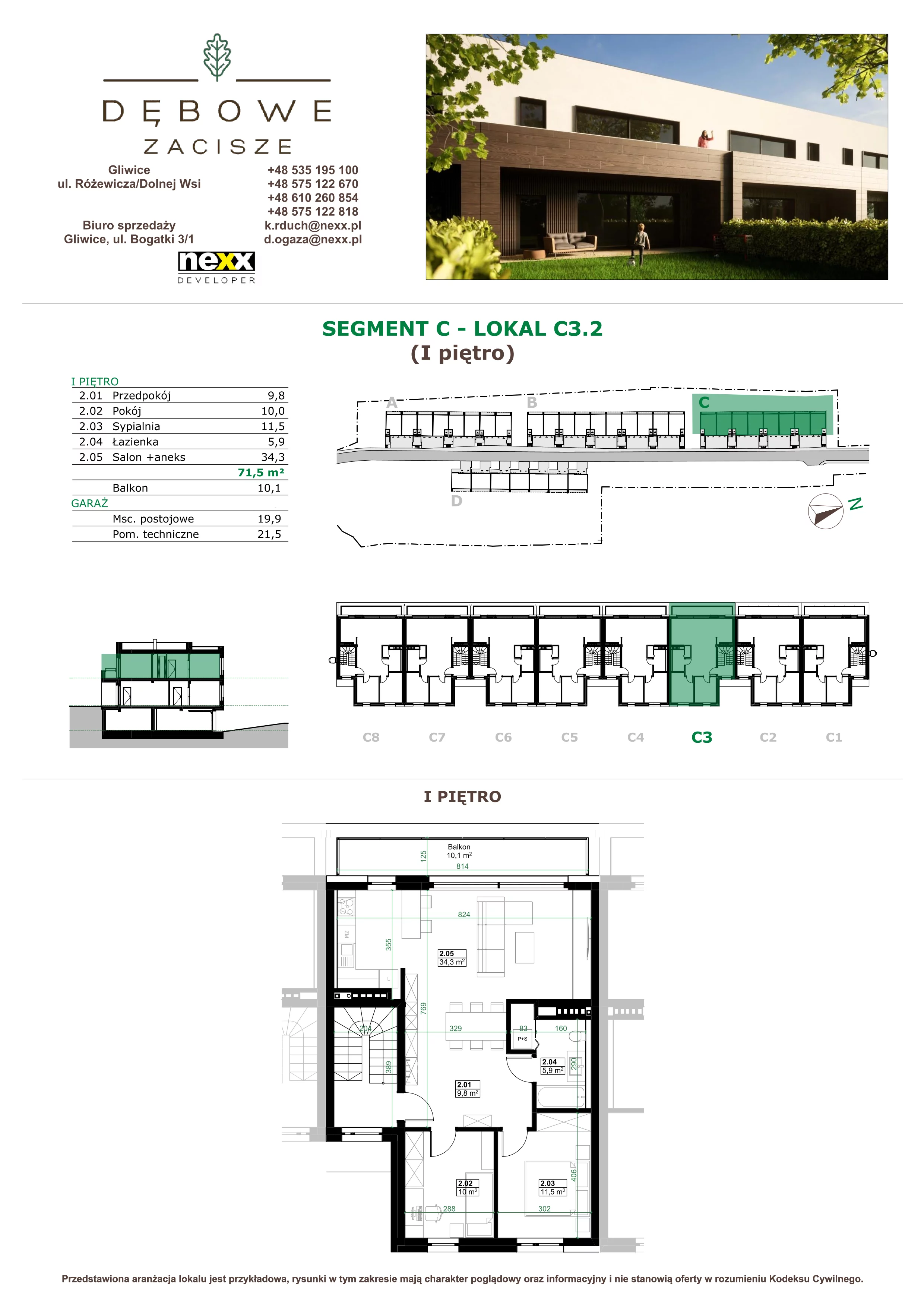 3 pokoje, mieszkanie 71,50 m², piętro 1, oferta nr C3.2, Dębowe Zacisze, Gliwice, Wójtowa Wieś, ul. Dolnej Wsi