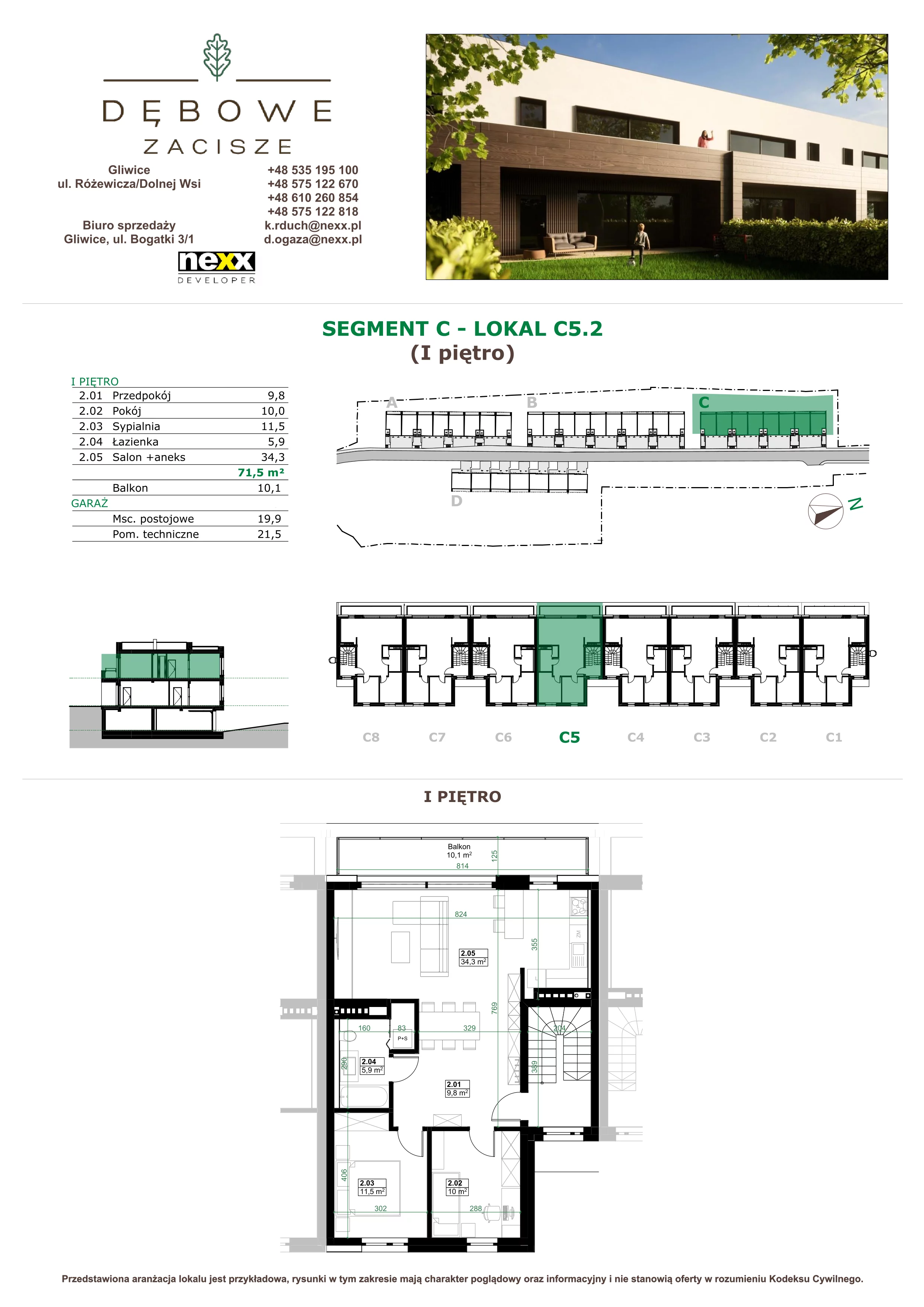 3 pokoje, mieszkanie 71,50 m², piętro 1, oferta nr C5.2, Dębowe Zacisze, Gliwice, Wójtowa Wieś, ul. Dolnej Wsi