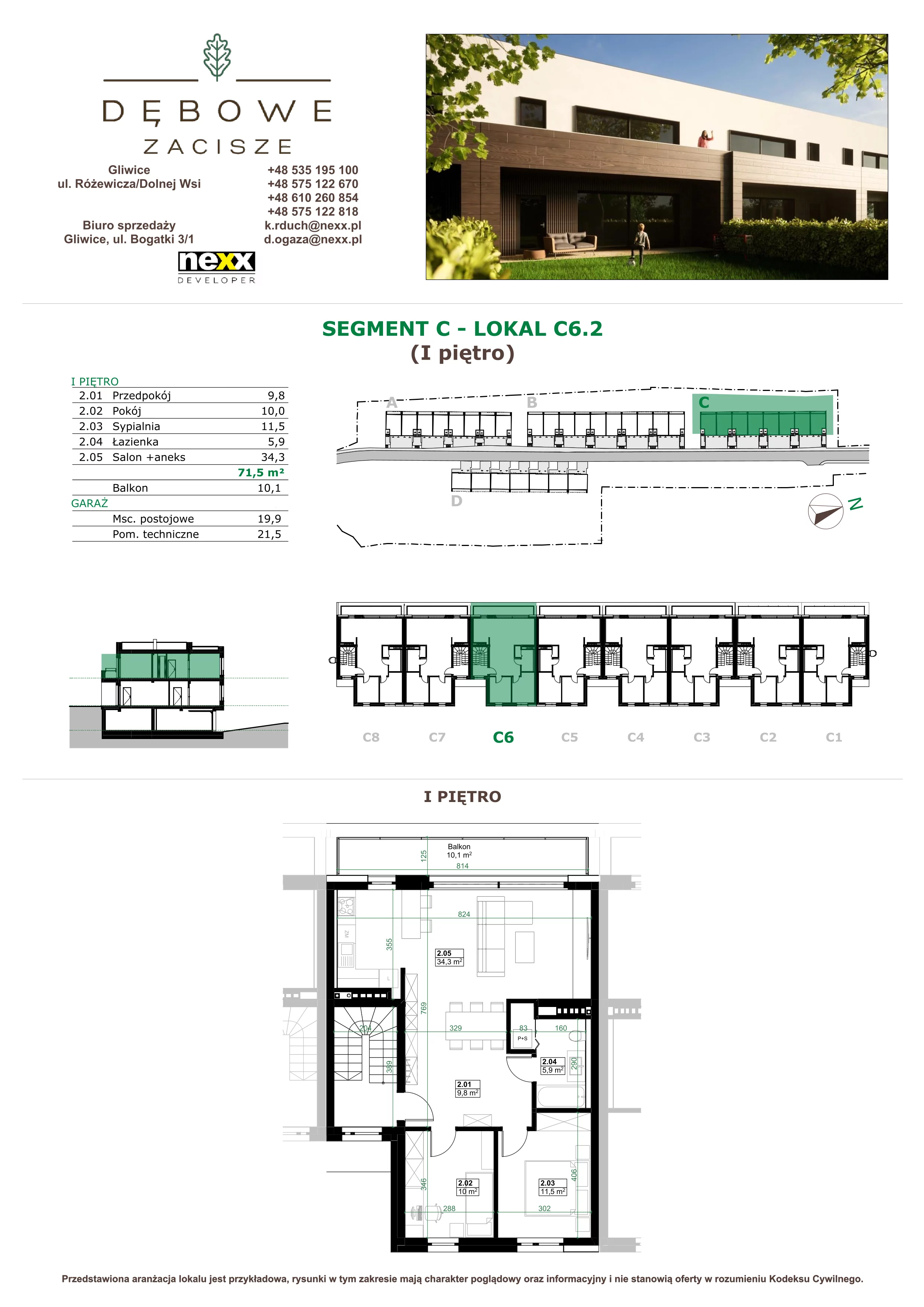 3 pokoje, mieszkanie 71,50 m², piętro 1, oferta nr C6.2, Dębowe Zacisze, Gliwice, Wójtowa Wieś, ul. Dolnej Wsi