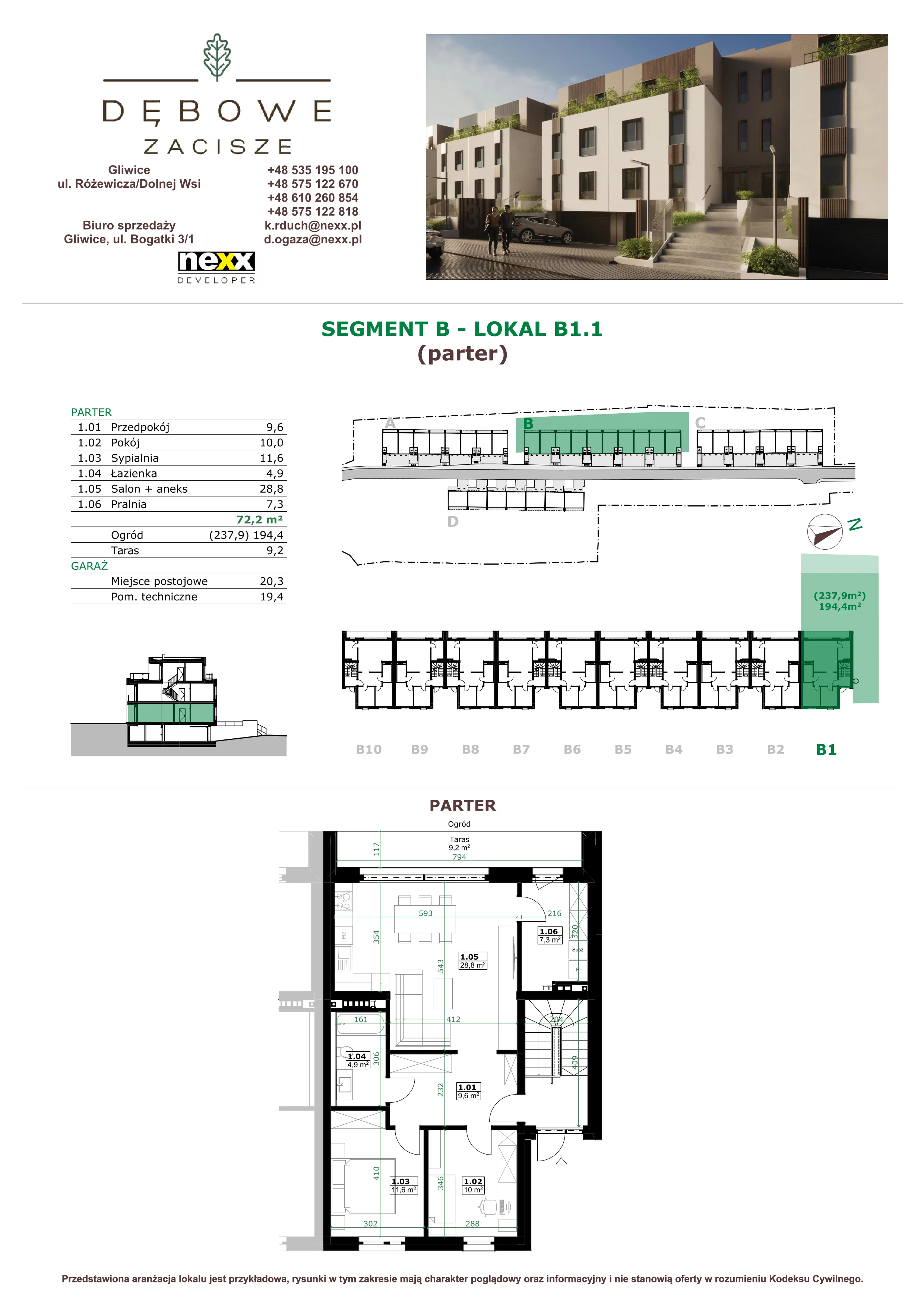3 pokoje, mieszkanie 72,20 m², parter, oferta nr B1.1, Dębowe Zacisze, Gliwice, Wójtowa Wieś, ul. Dolnej Wsi