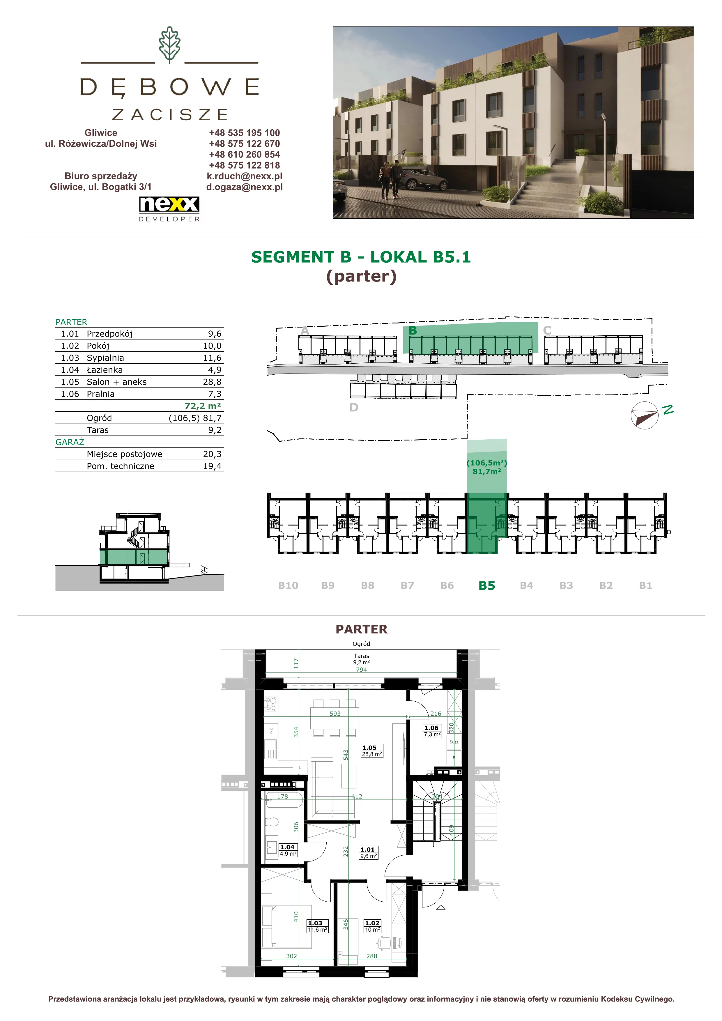 3 pokoje, mieszkanie 72,20 m², parter, oferta nr B5.1, Dębowe Zacisze, Gliwice, Wójtowa Wieś, ul. Dolnej Wsi