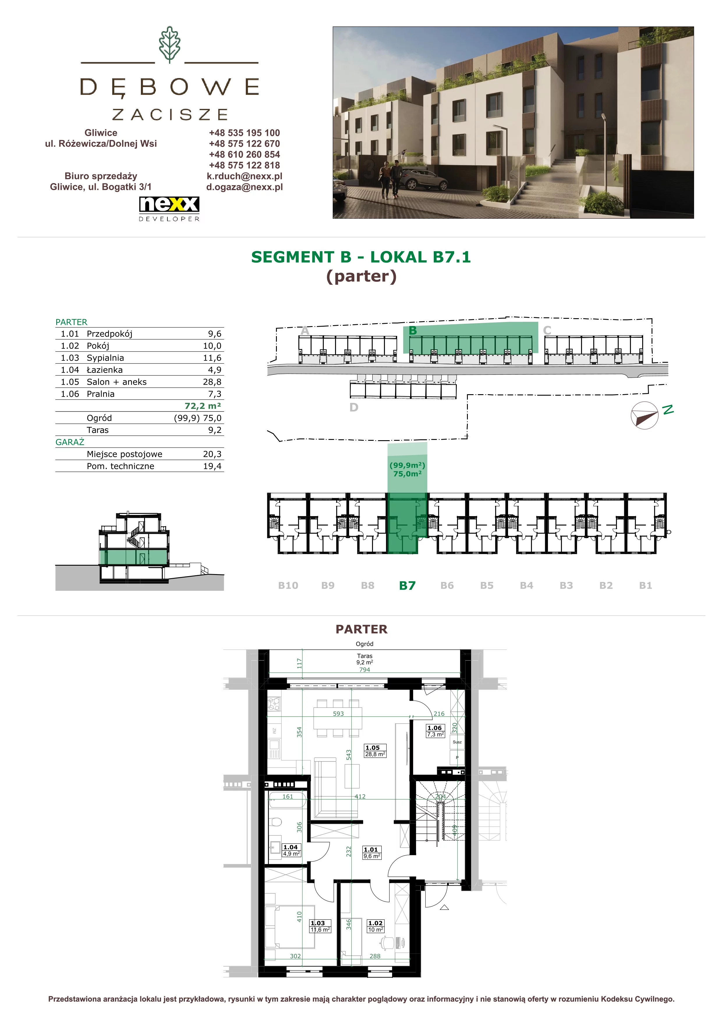 3 pokoje, mieszkanie 72,20 m², parter, oferta nr B7.1, Dębowe Zacisze, Gliwice, Wójtowa Wieś, ul. Dolnej Wsi