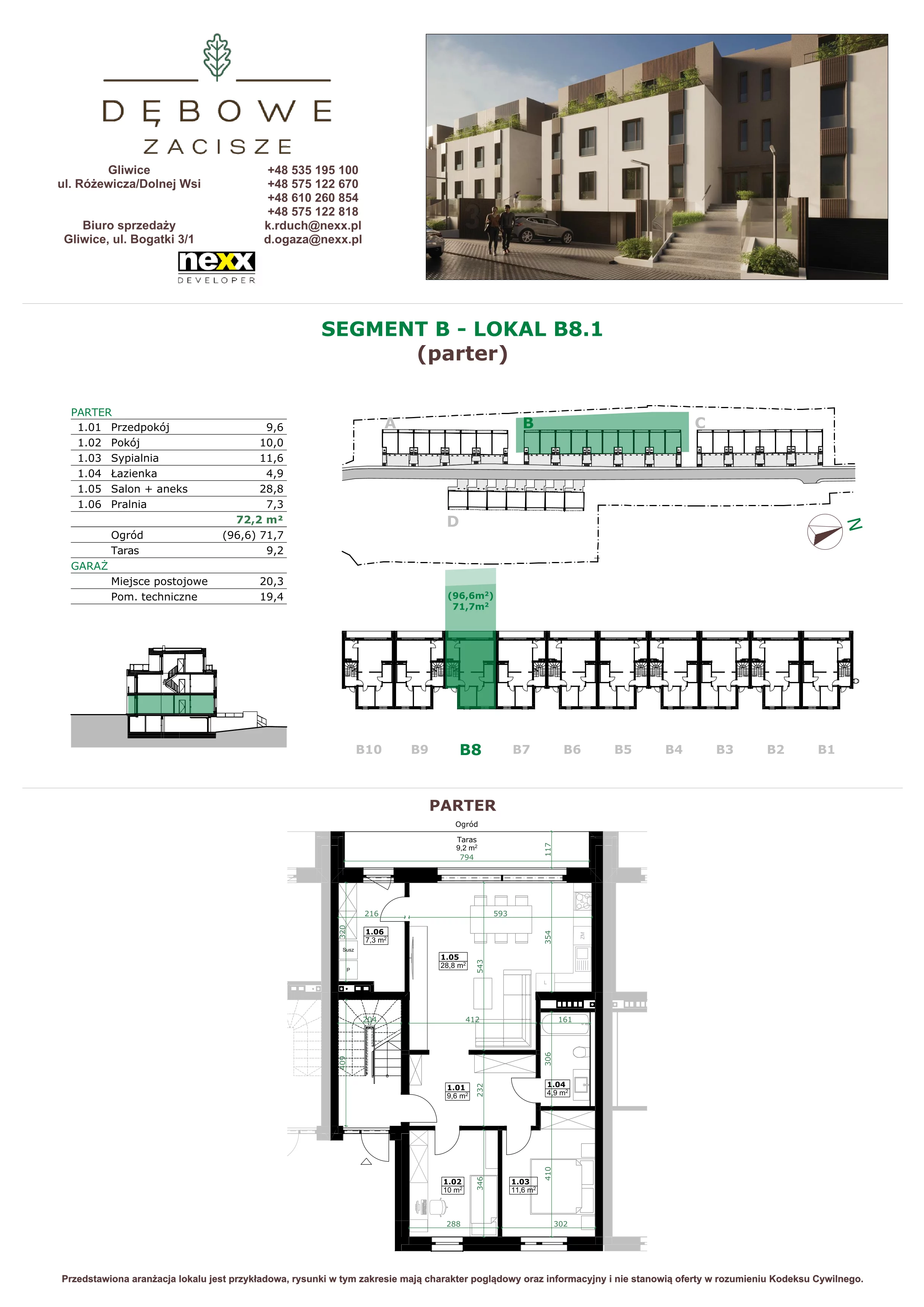 3 pokoje, mieszkanie 72,20 m², parter, oferta nr B8.1, Dębowe Zacisze, Gliwice, Wójtowa Wieś, ul. Dolnej Wsi
