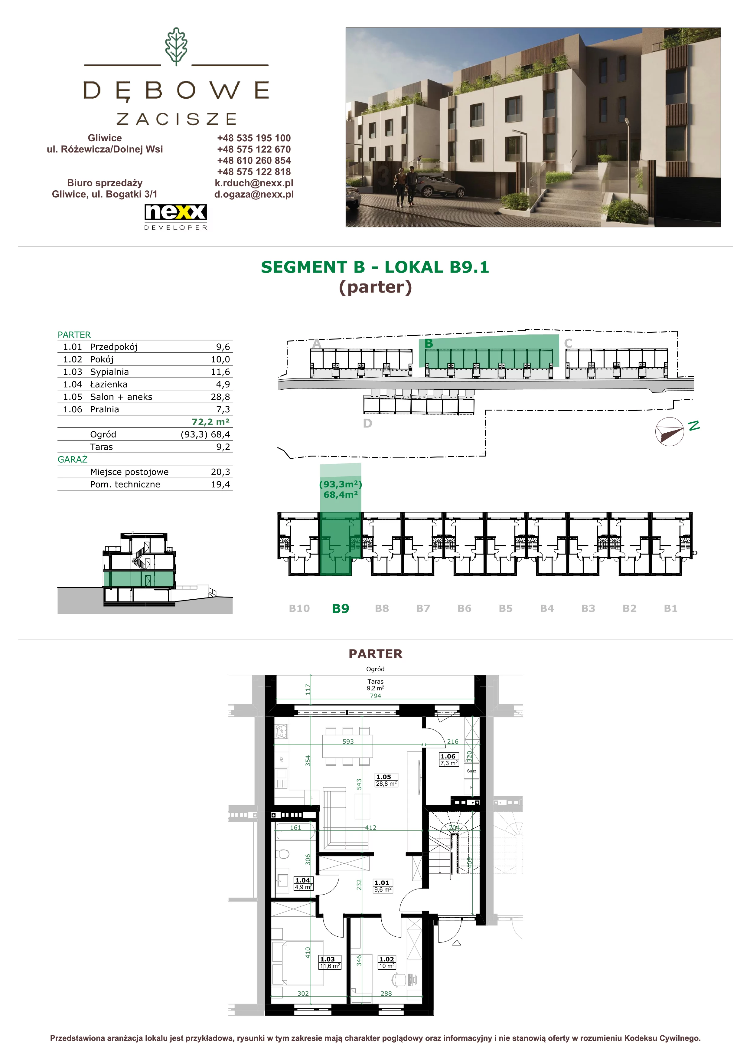 3 pokoje, mieszkanie 72,20 m², parter, oferta nr B9.1, Dębowe Zacisze, Gliwice, Wójtowa Wieś, ul. Dolnej Wsi