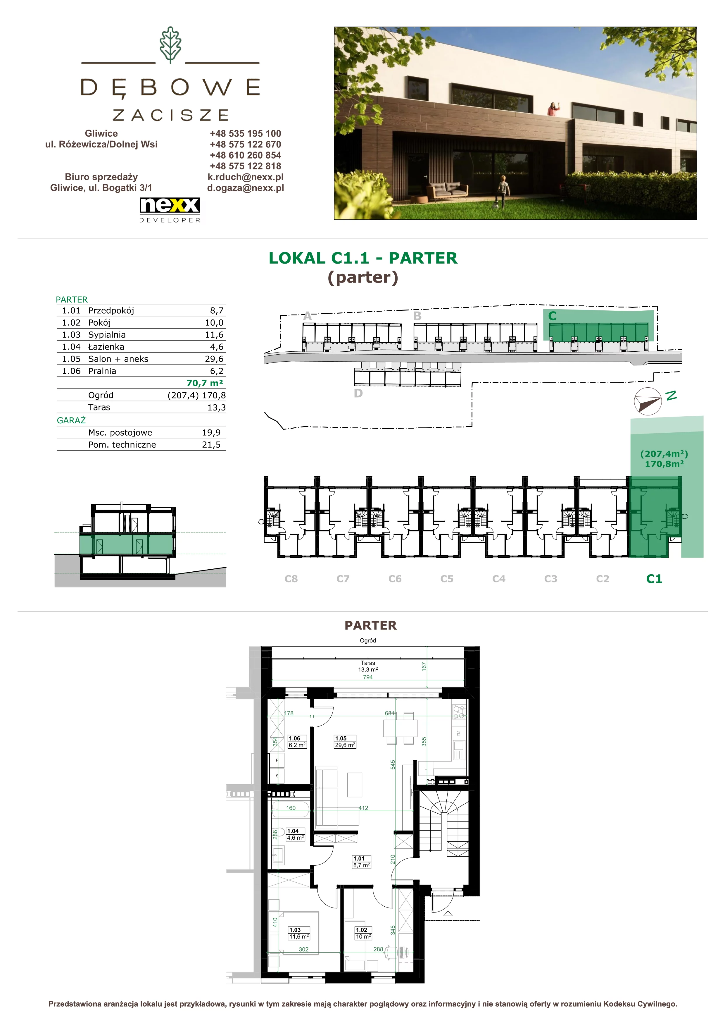 3 pokoje, mieszkanie 70,50 m², parter, oferta nr C1.1, Dębowe Zacisze, Gliwice, Wójtowa Wieś, ul. Dolnej Wsi