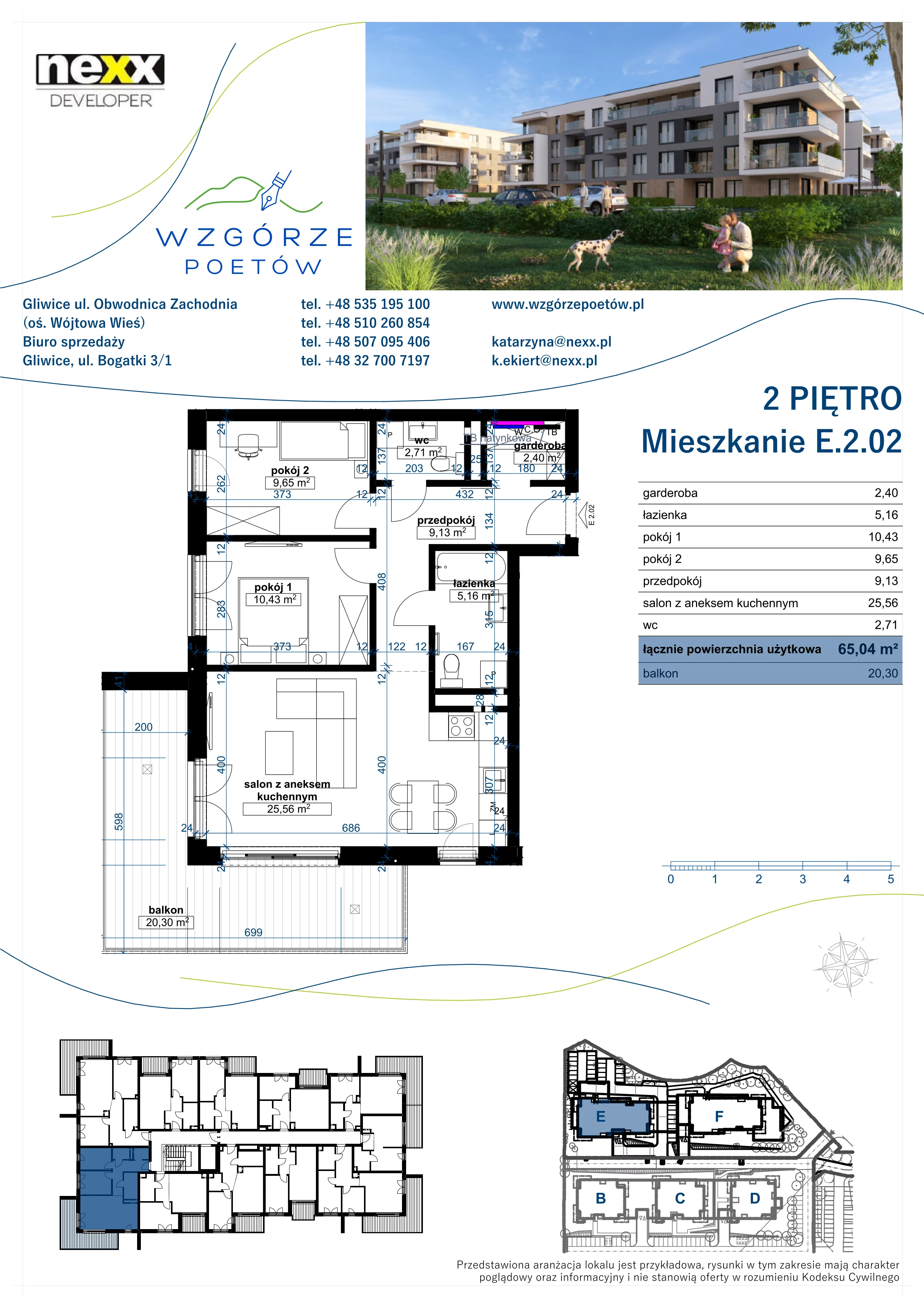 3 pokoje, mieszkanie 65,04 m², piętro 2, oferta nr E.2.02, Wzgórze Poetów 2, Gliwice, Wójtowa Wieś, ul. T. Mazowieckiego