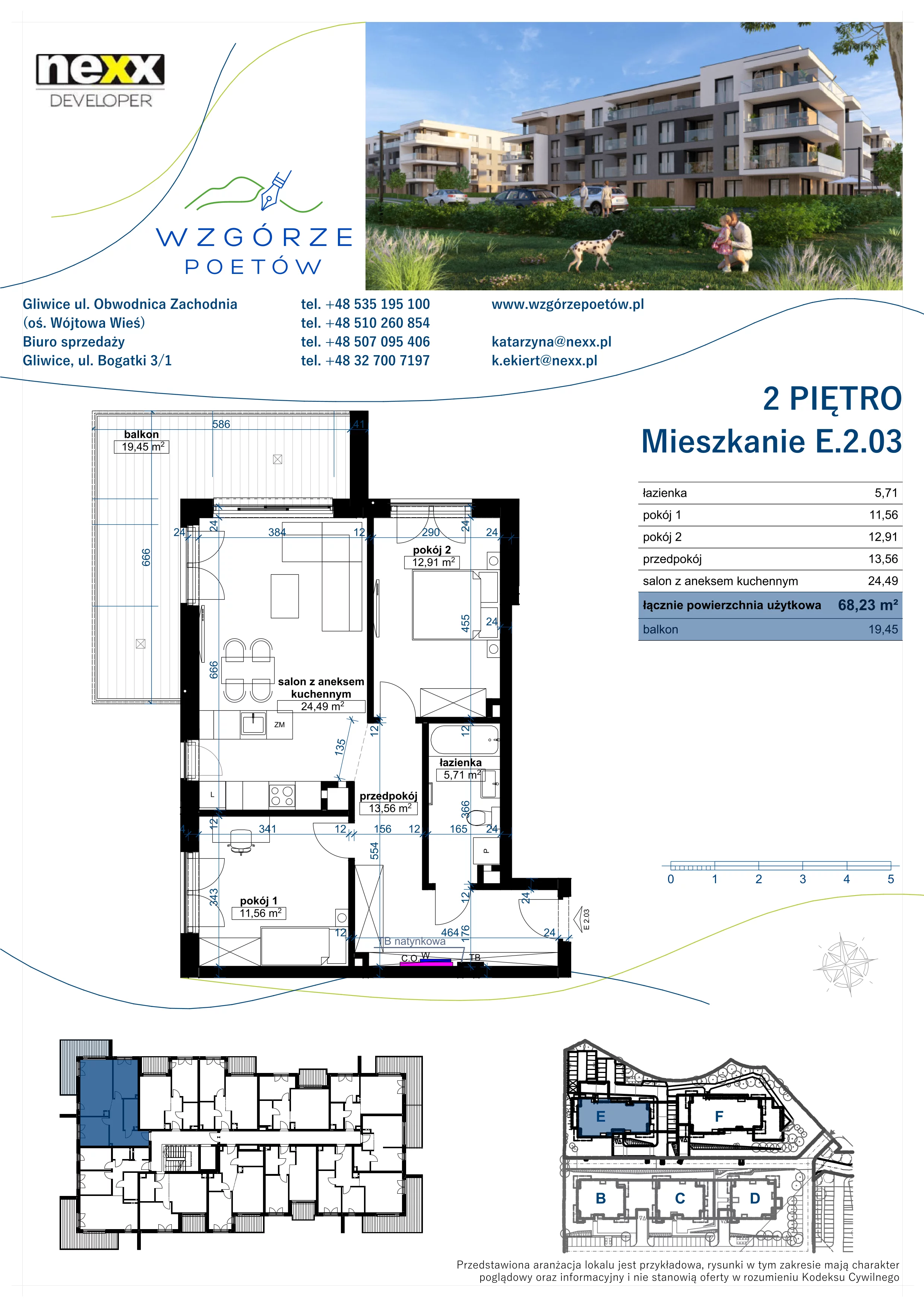 3 pokoje, mieszkanie 68,23 m², piętro 2, oferta nr E.2.03, Wzgórze Poetów 2, Gliwice, Wójtowa Wieś, ul. T. Mazowieckiego
