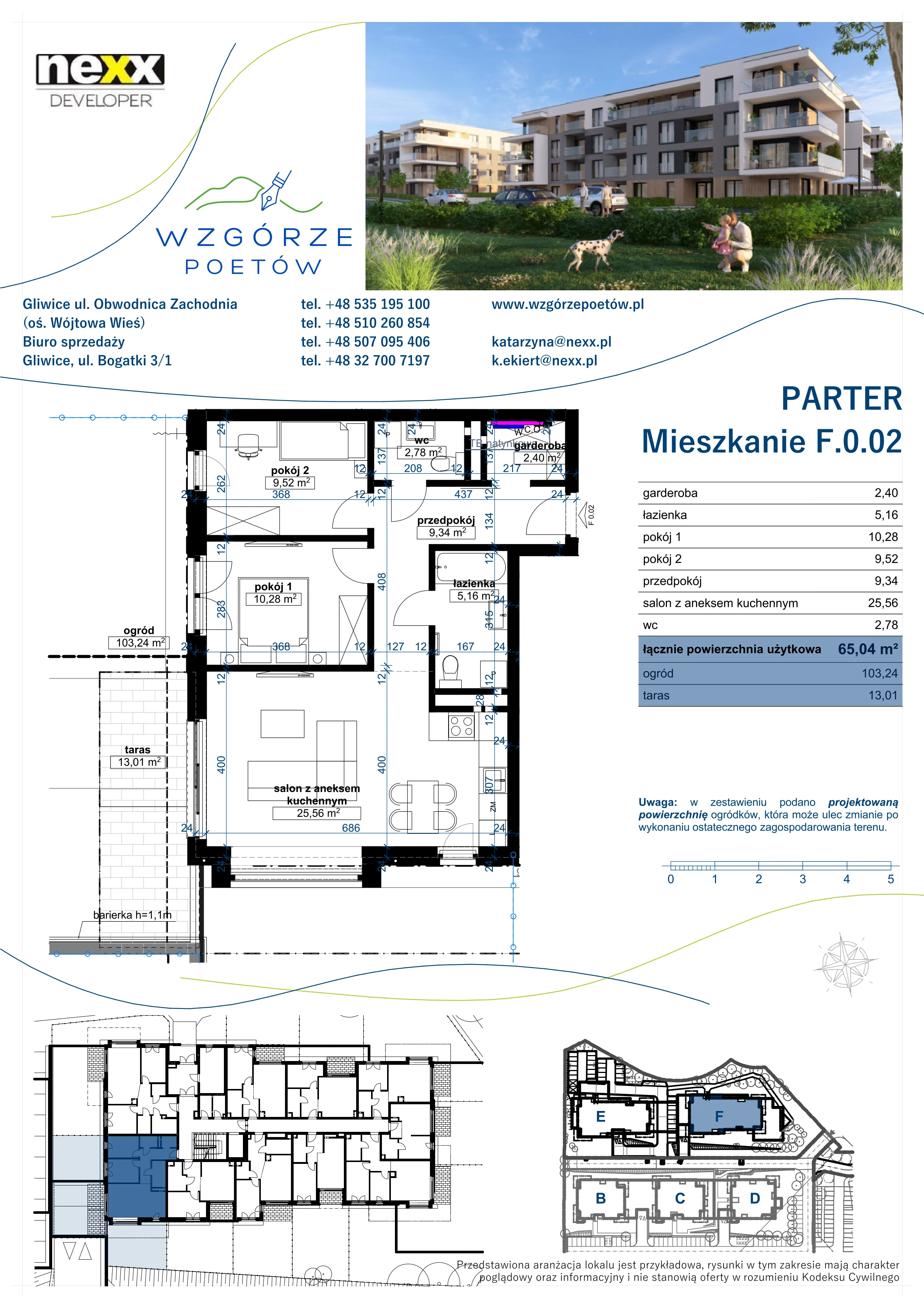 3 pokoje, mieszkanie 65,04 m², parter, oferta nr F.0.02, Wzgórze Poetów 2, Gliwice, Wójtowa Wieś, ul. T. Mazowieckiego