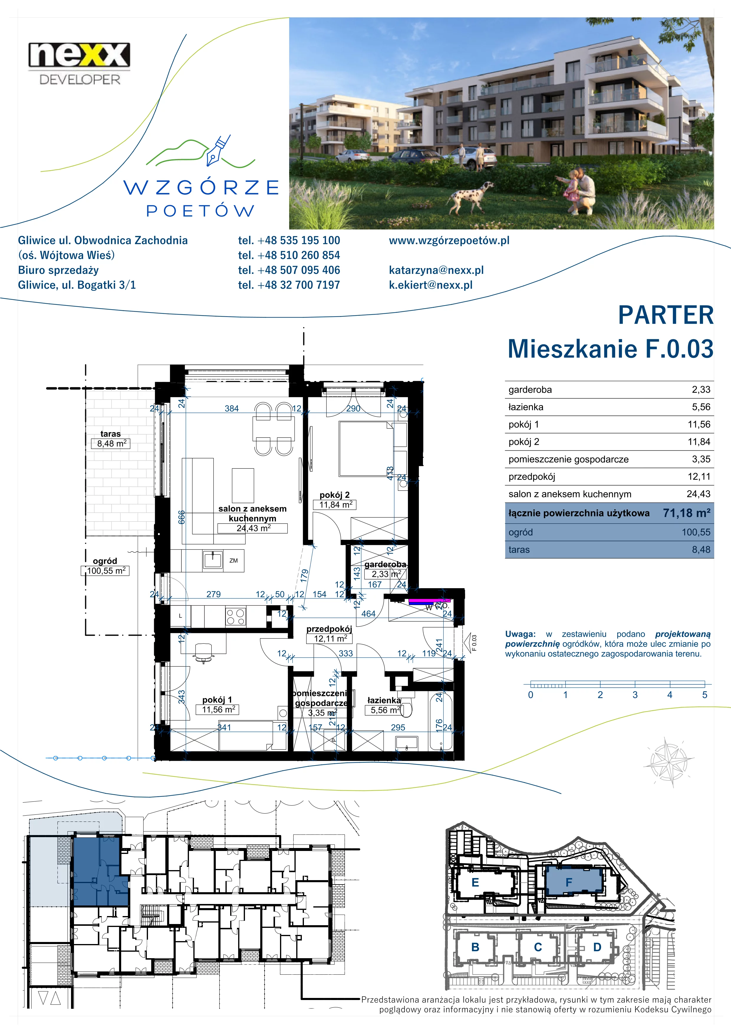 3 pokoje, mieszkanie 71,18 m², parter, oferta nr F.0.03, Wzgórze Poetów 2, Gliwice, Wójtowa Wieś, ul. T. Mazowieckiego