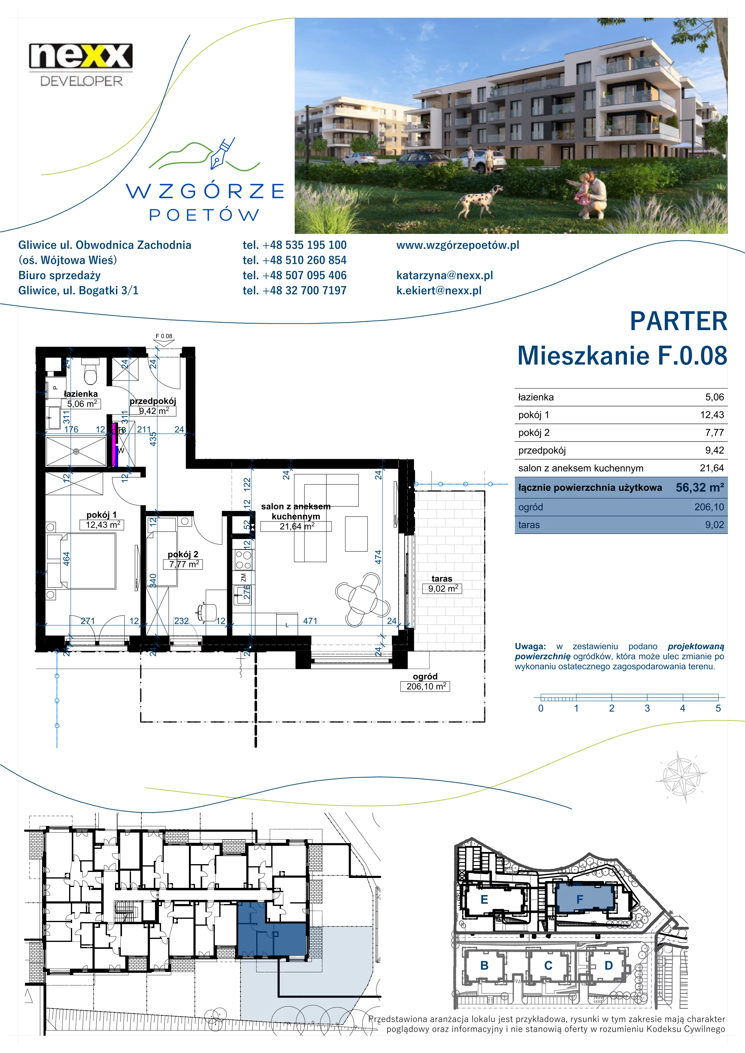 3 pokoje, mieszkanie 56,32 m², parter, oferta nr F.0.08, Wzgórze Poetów 2, Gliwice, Wójtowa Wieś, ul. T. Mazowieckiego