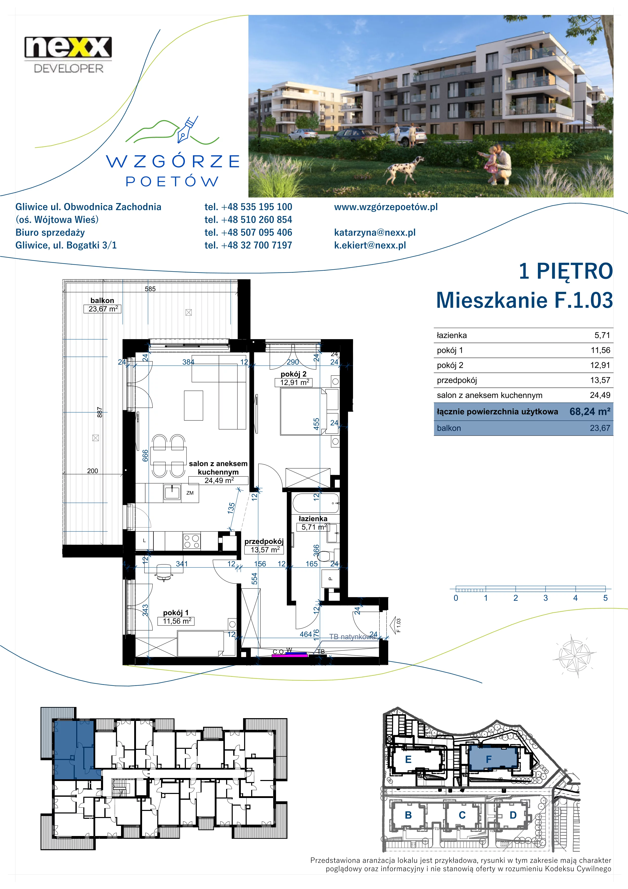 3 pokoje, mieszkanie 68,24 m², piętro 1, oferta nr F.1.03, Wzgórze Poetów 2, Gliwice, Wójtowa Wieś, ul. T. Mazowieckiego