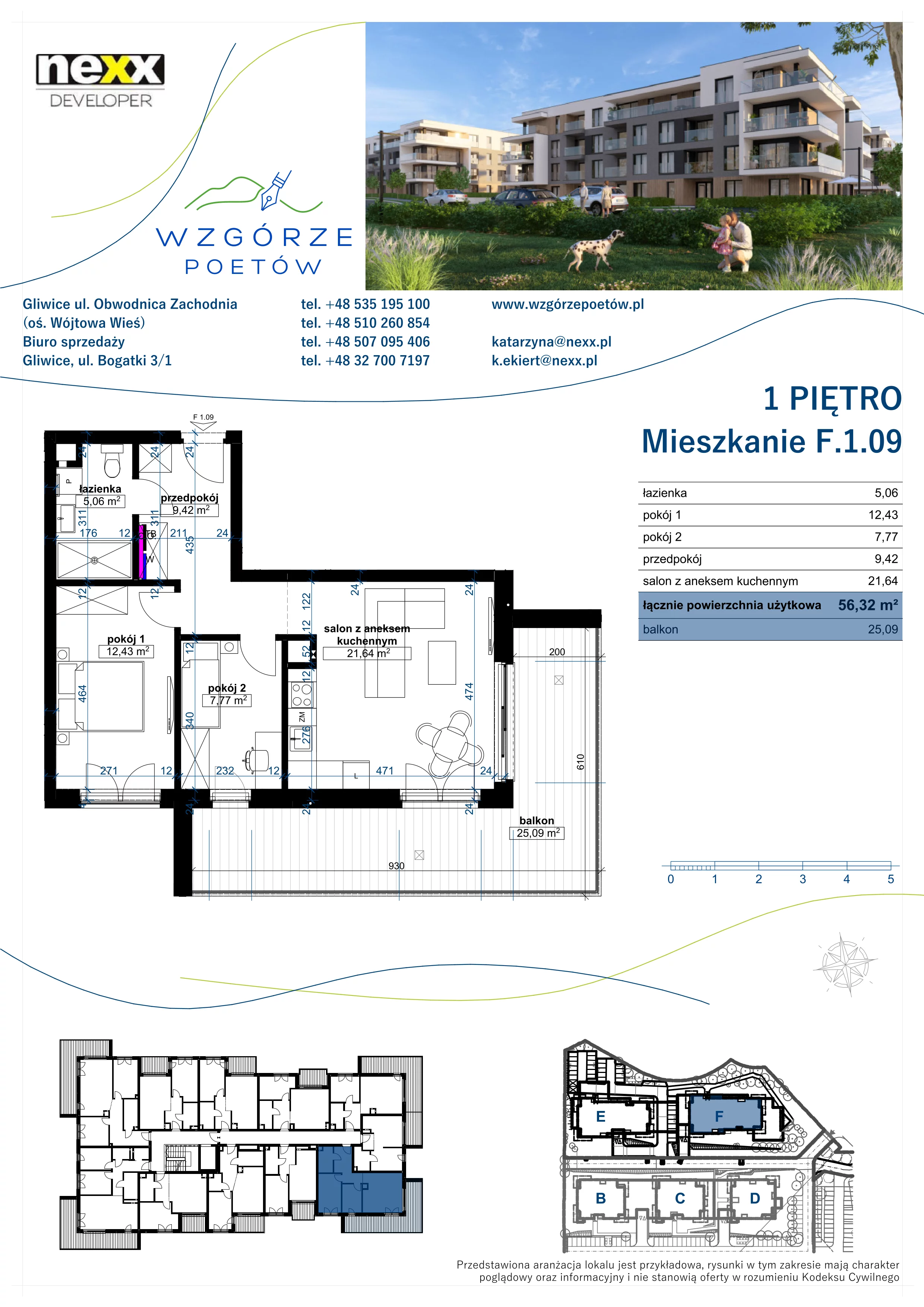 3 pokoje, mieszkanie 56,32 m², piętro 1, oferta nr F.1.09, Wzgórze Poetów 2, Gliwice, Wójtowa Wieś, ul. T. Mazowieckiego