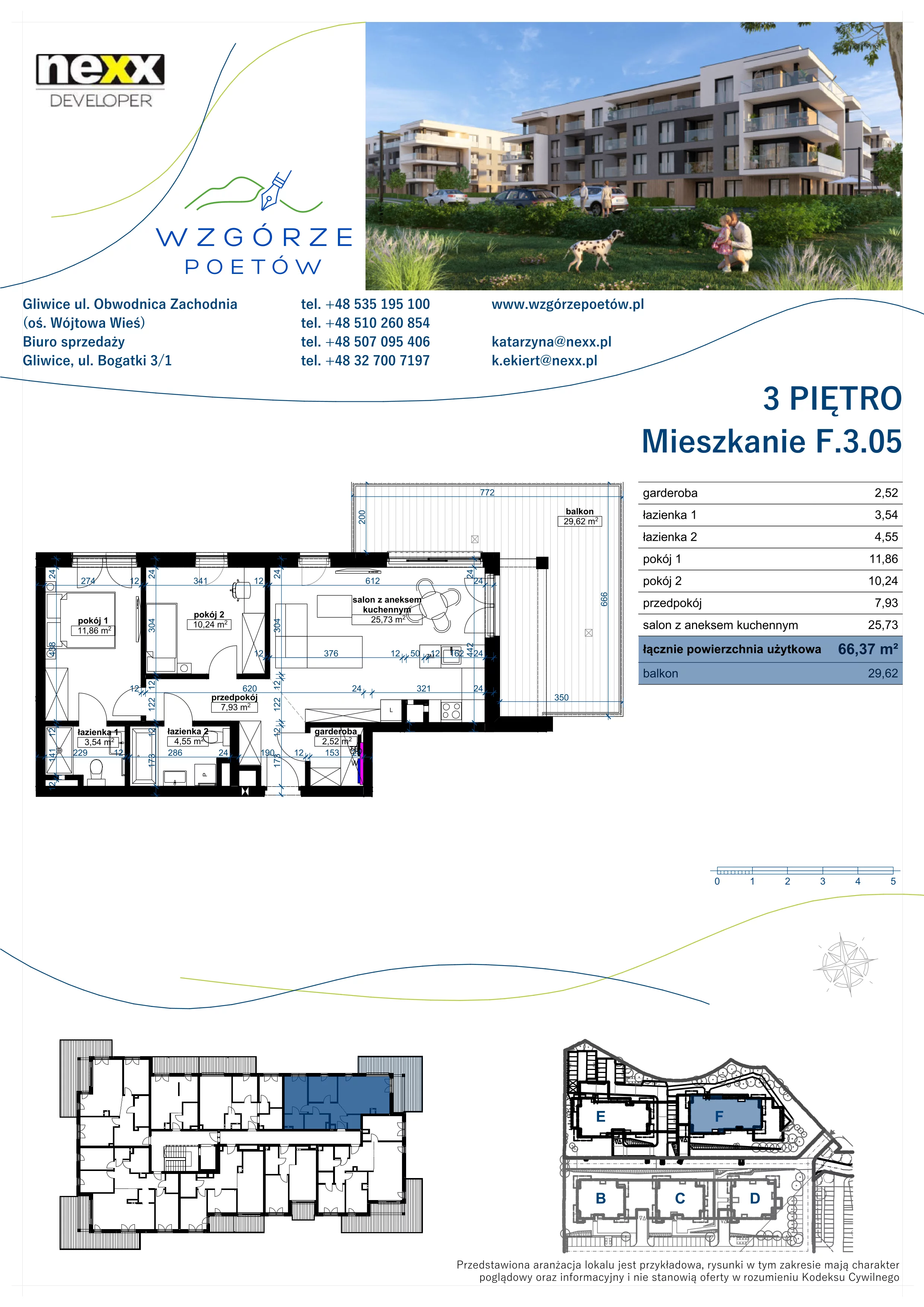 3 pokoje, mieszkanie 66,37 m², piętro 3, oferta nr F.3.05, Wzgórze Poetów 2, Gliwice, Wójtowa Wieś, ul. T. Mazowieckiego