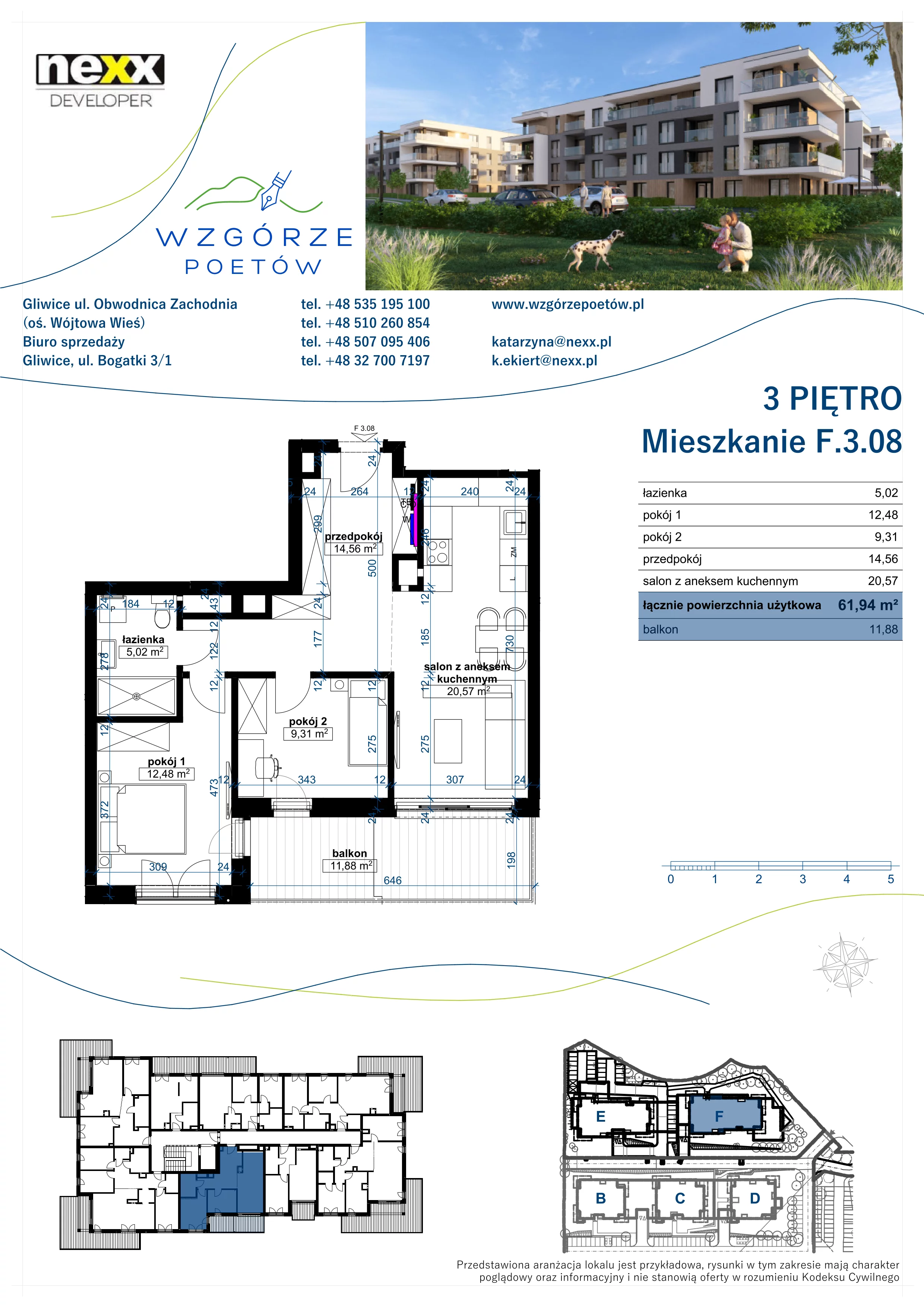3 pokoje, mieszkanie 61,94 m², piętro 3, oferta nr F.3.08, Wzgórze Poetów 2, Gliwice, Wójtowa Wieś, ul. T. Mazowieckiego