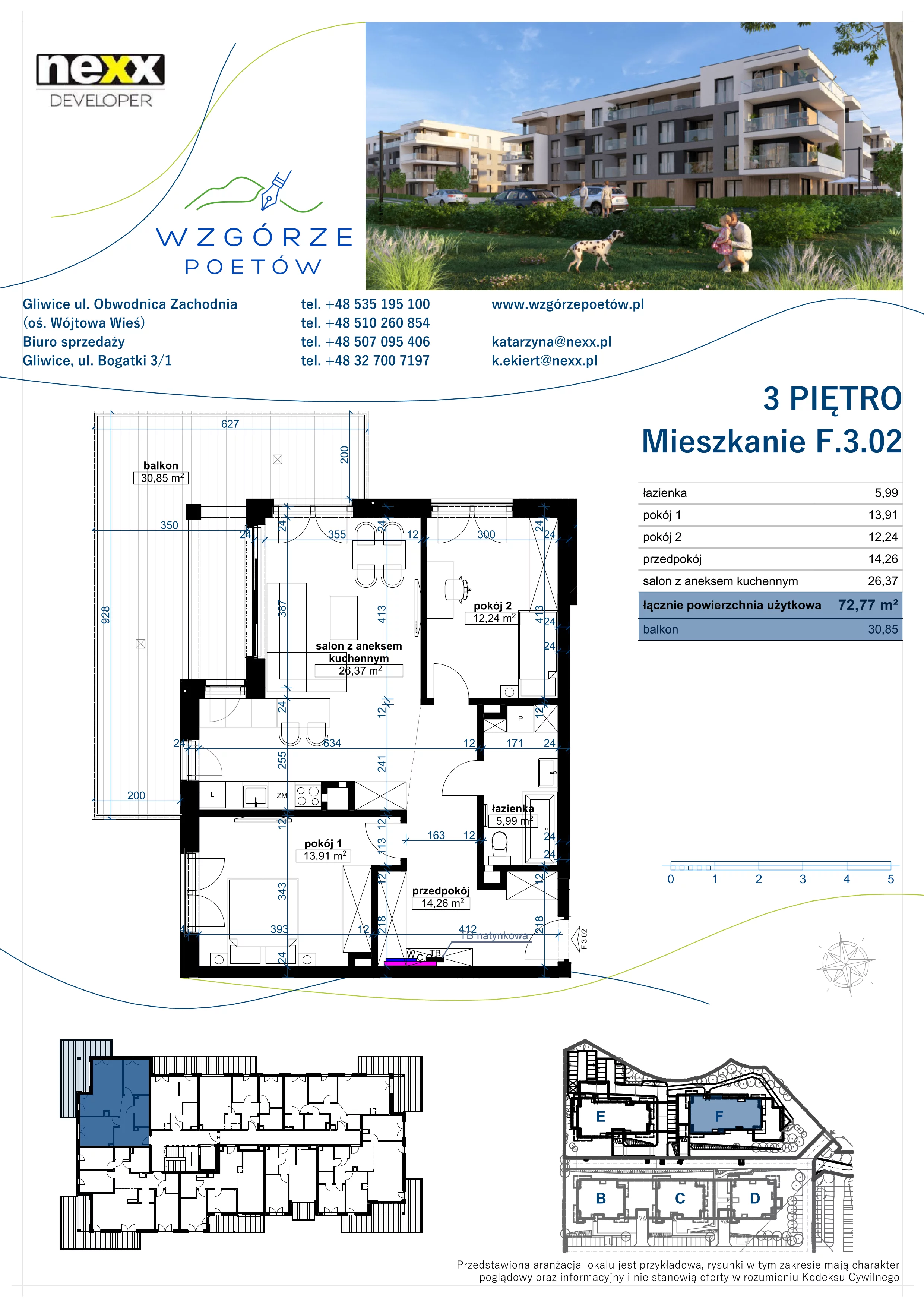 3 pokoje, mieszkanie 72,77 m², piętro 3, oferta nr F.3.02, Wzgórze Poetów 2, Gliwice, Wójtowa Wieś, ul. T. Mazowieckiego