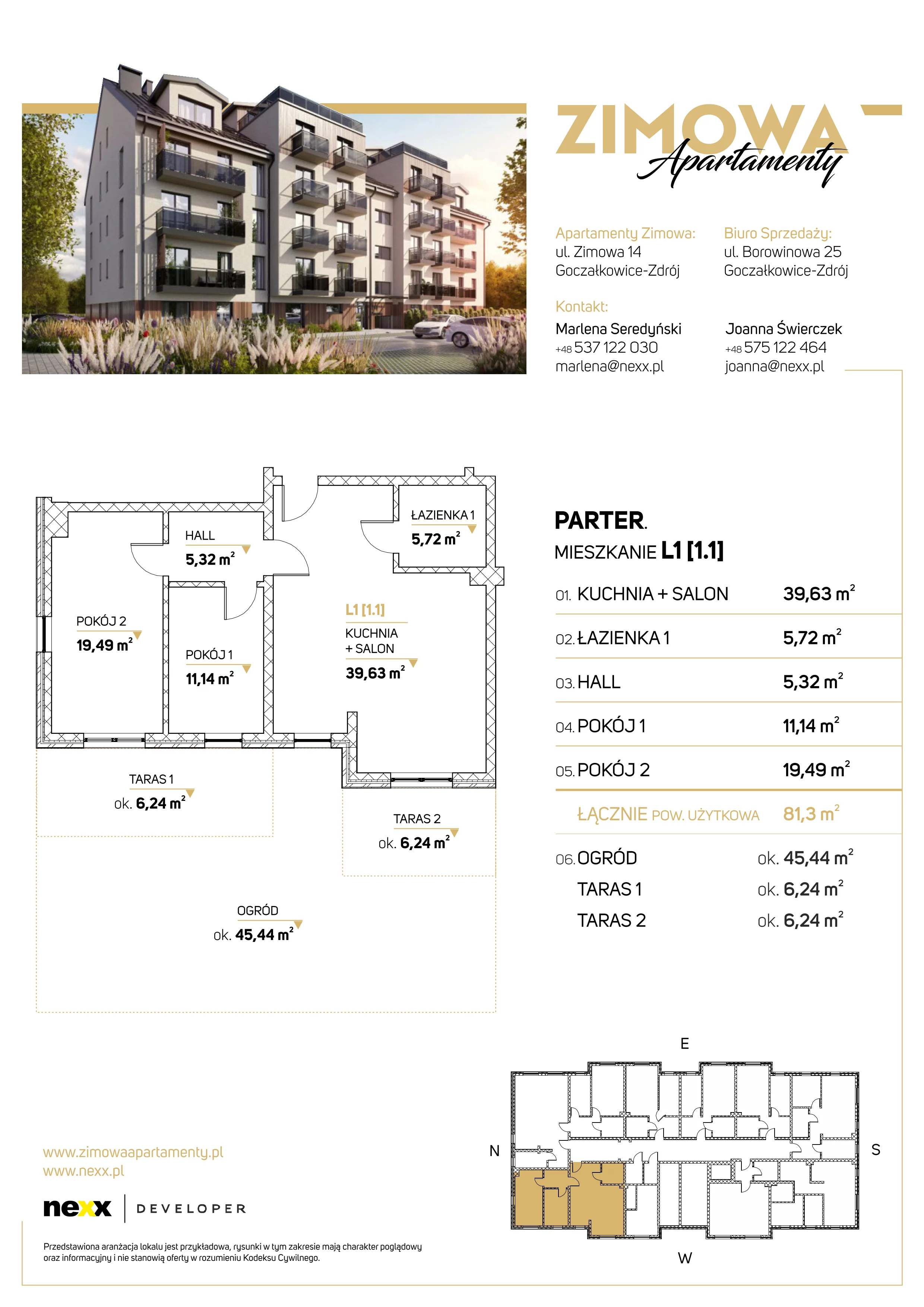 3 pokoje, mieszkanie 81,25 m², parter, oferta nr L1, Zimowa Apartamenty, Goczałkowice-Zdrój, ul. Zimowa 14A