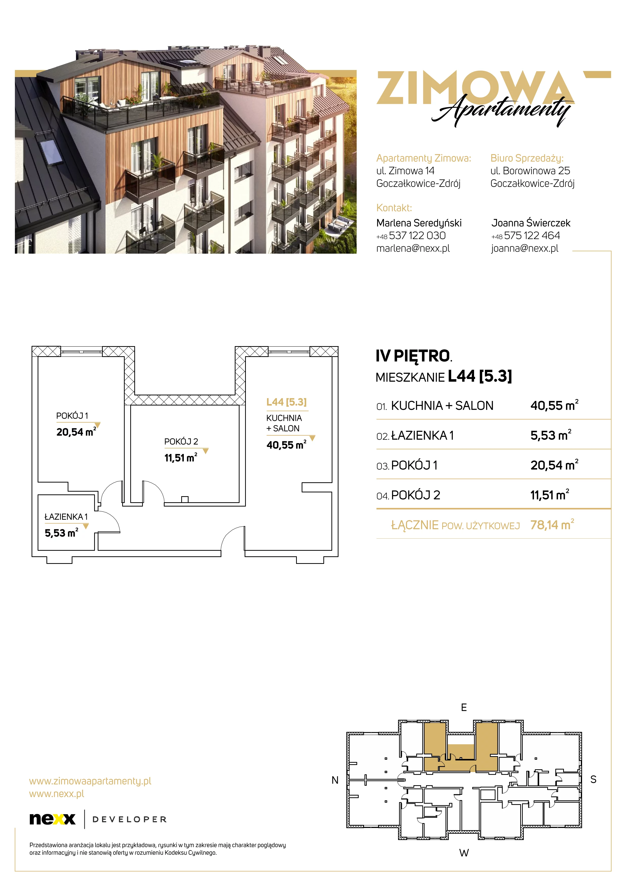 3 pokoje, mieszkanie 78,13 m², piętro 4, oferta nr L44, Zimowa Apartamenty, Goczałkowice-Zdrój, ul. Zimowa 14A