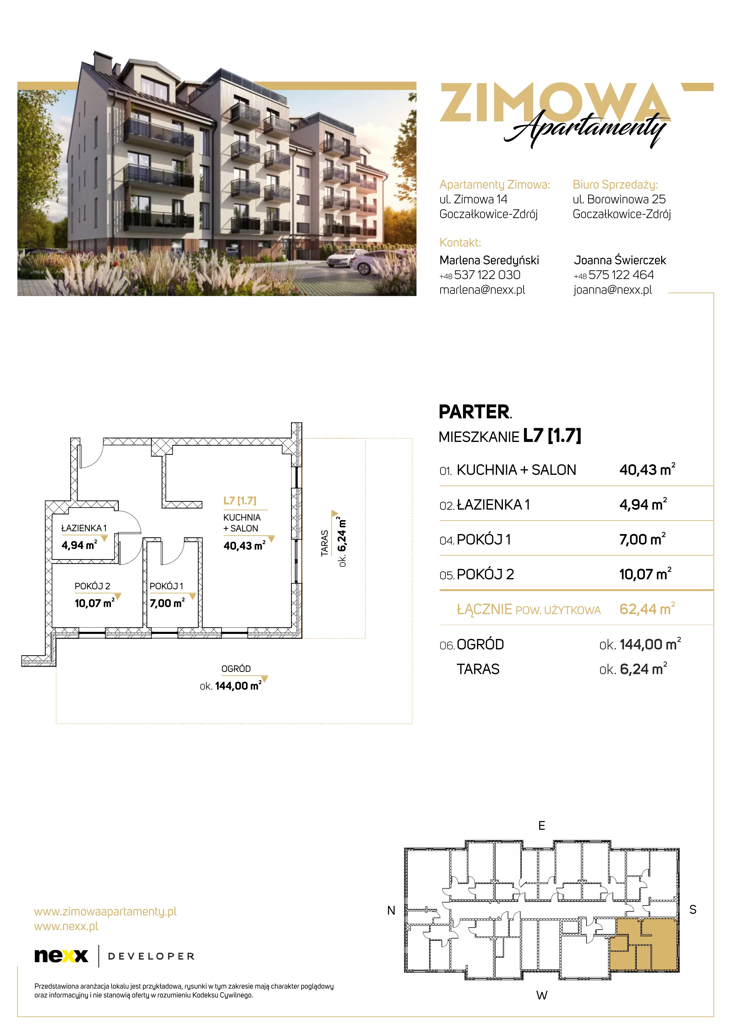 3 pokoje, mieszkanie 62,44 m², parter, oferta nr L7, Zimowa Apartamenty, Goczałkowice-Zdrój, ul. Zimowa 14A