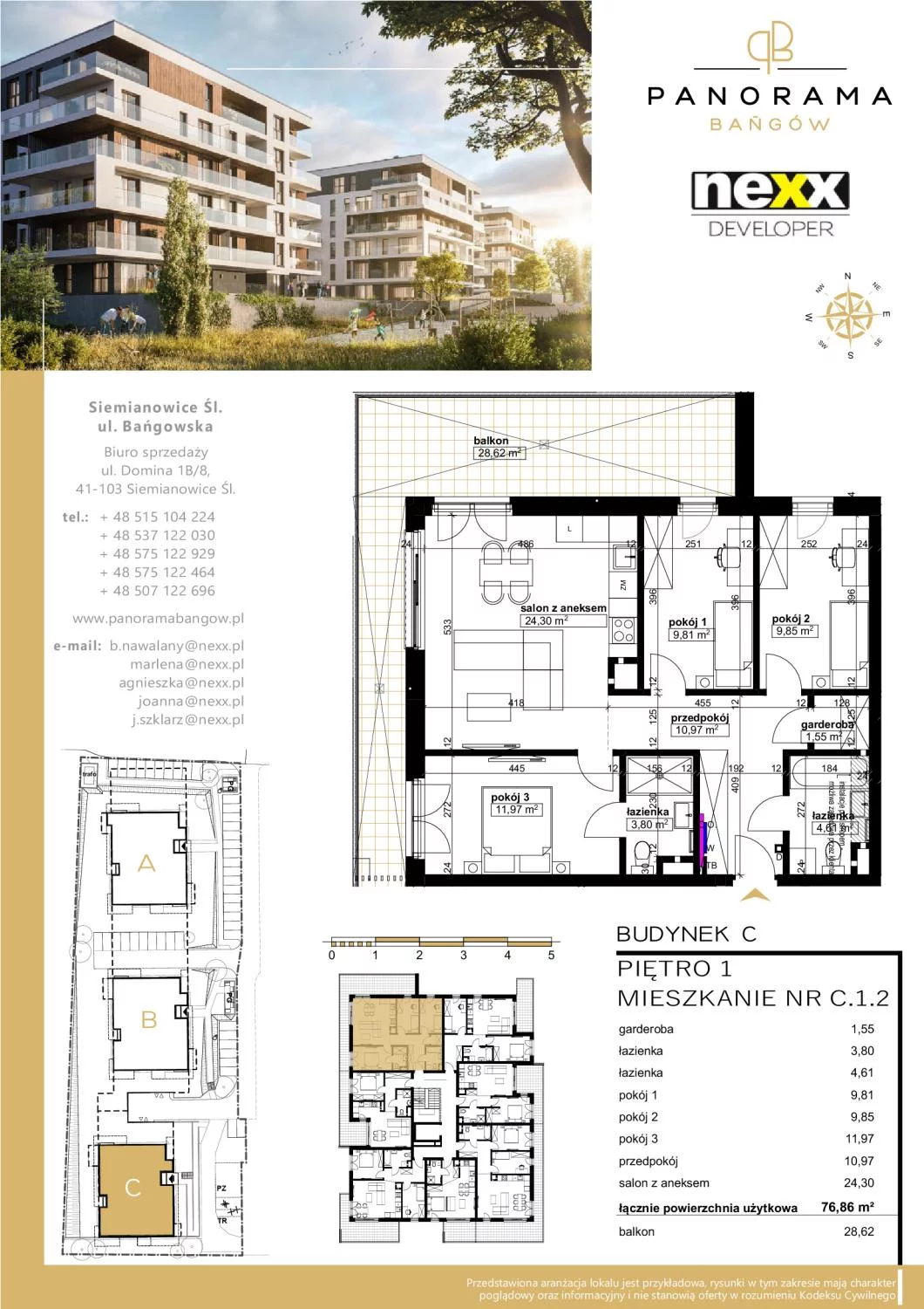 Mieszkanie 76,86 m², piętro 1, oferta nr C 1.2, Panorama Bańgów, Siemianowice Śląskie, Bańgów, ul. Bańgowska