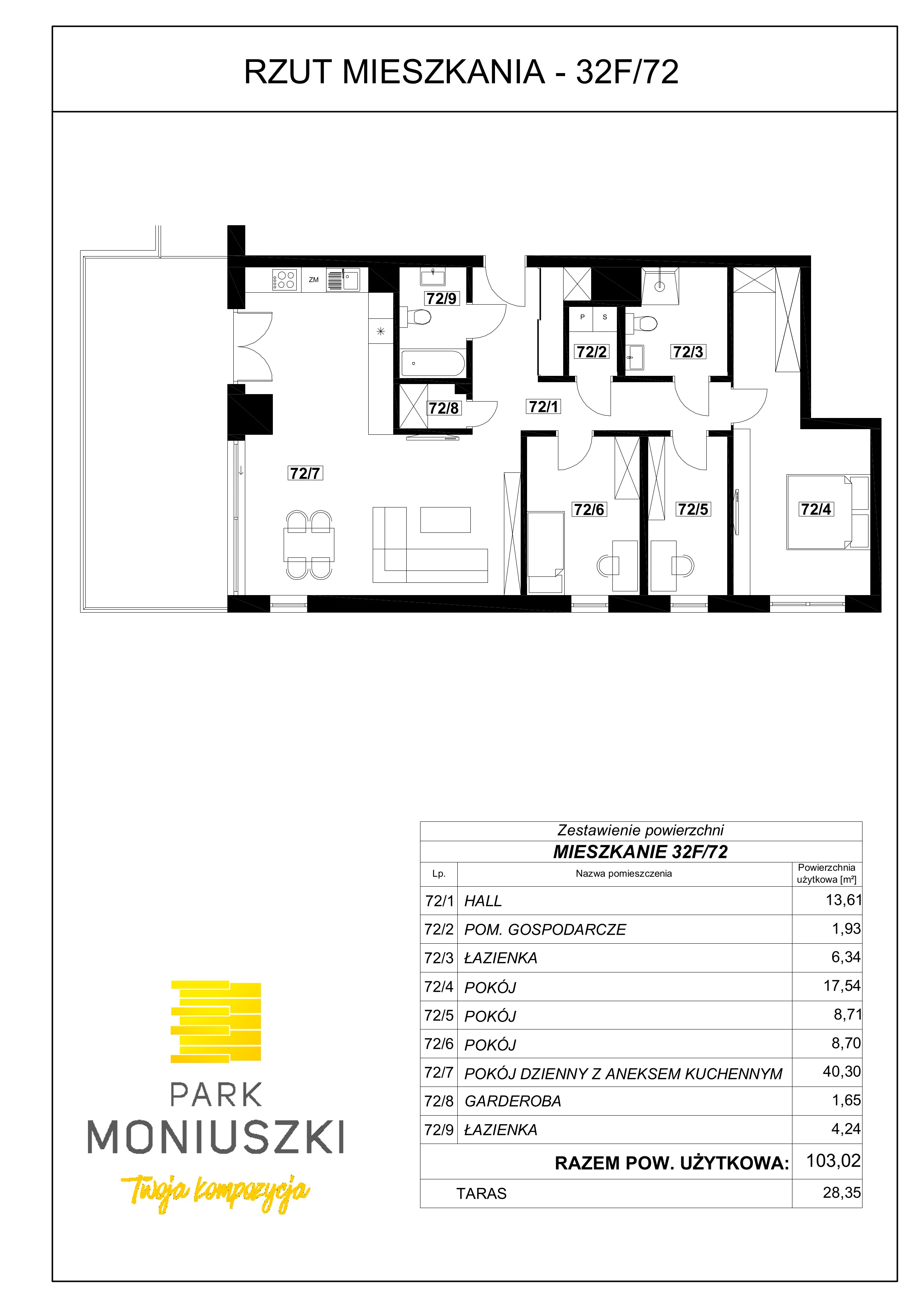 4 pokoje, mieszkanie 103,02 m², piętro 7, oferta nr 32F/72, Park Moniuszki II - bud. B, Mysłowice, ul. Moniuszki / Chopina