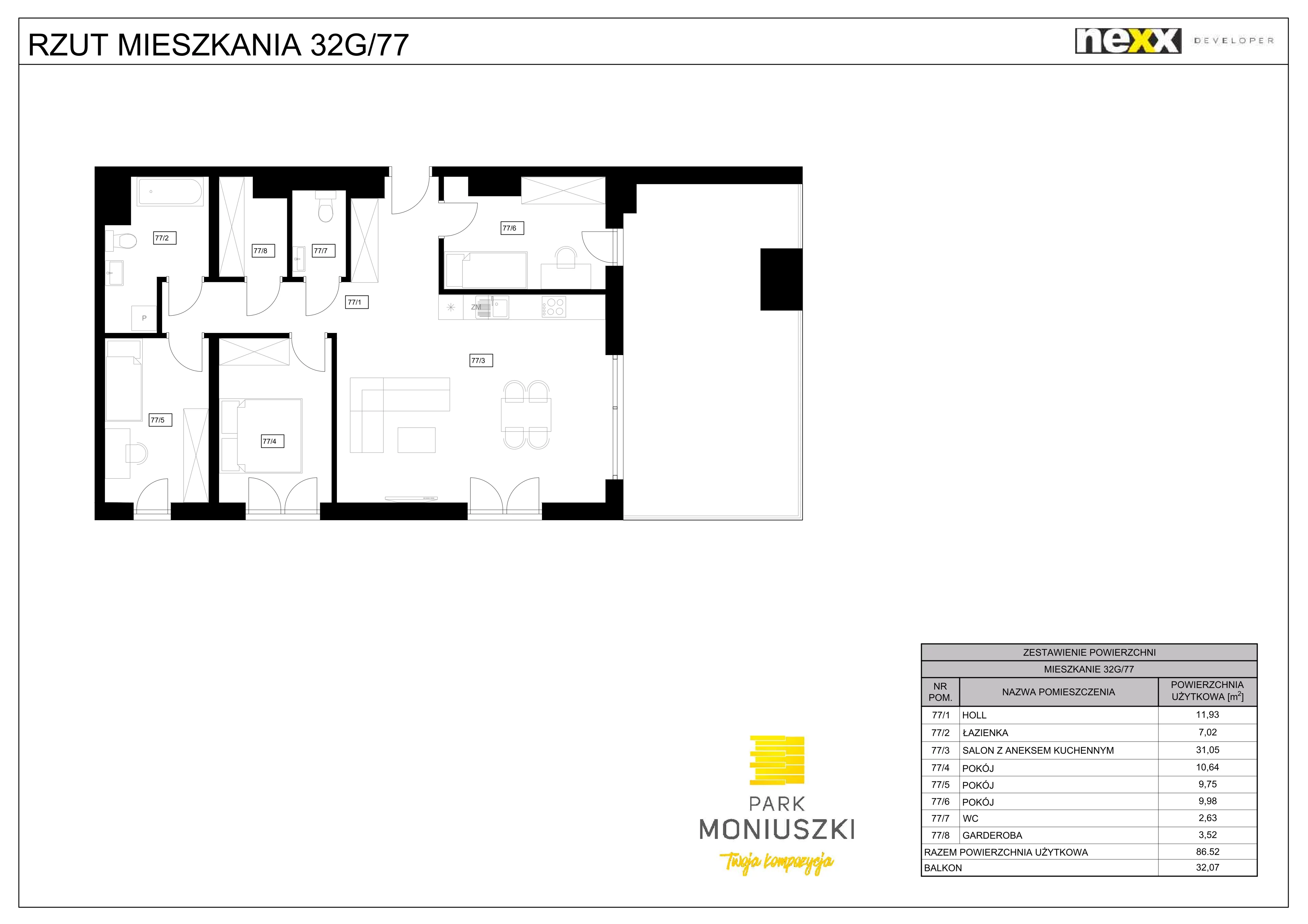 4 pokoje, mieszkanie 86,52 m², piętro 8, oferta nr 32G/77, Park Moniuszki II - bud. B, Mysłowice, ul. Moniuszki / Chopina