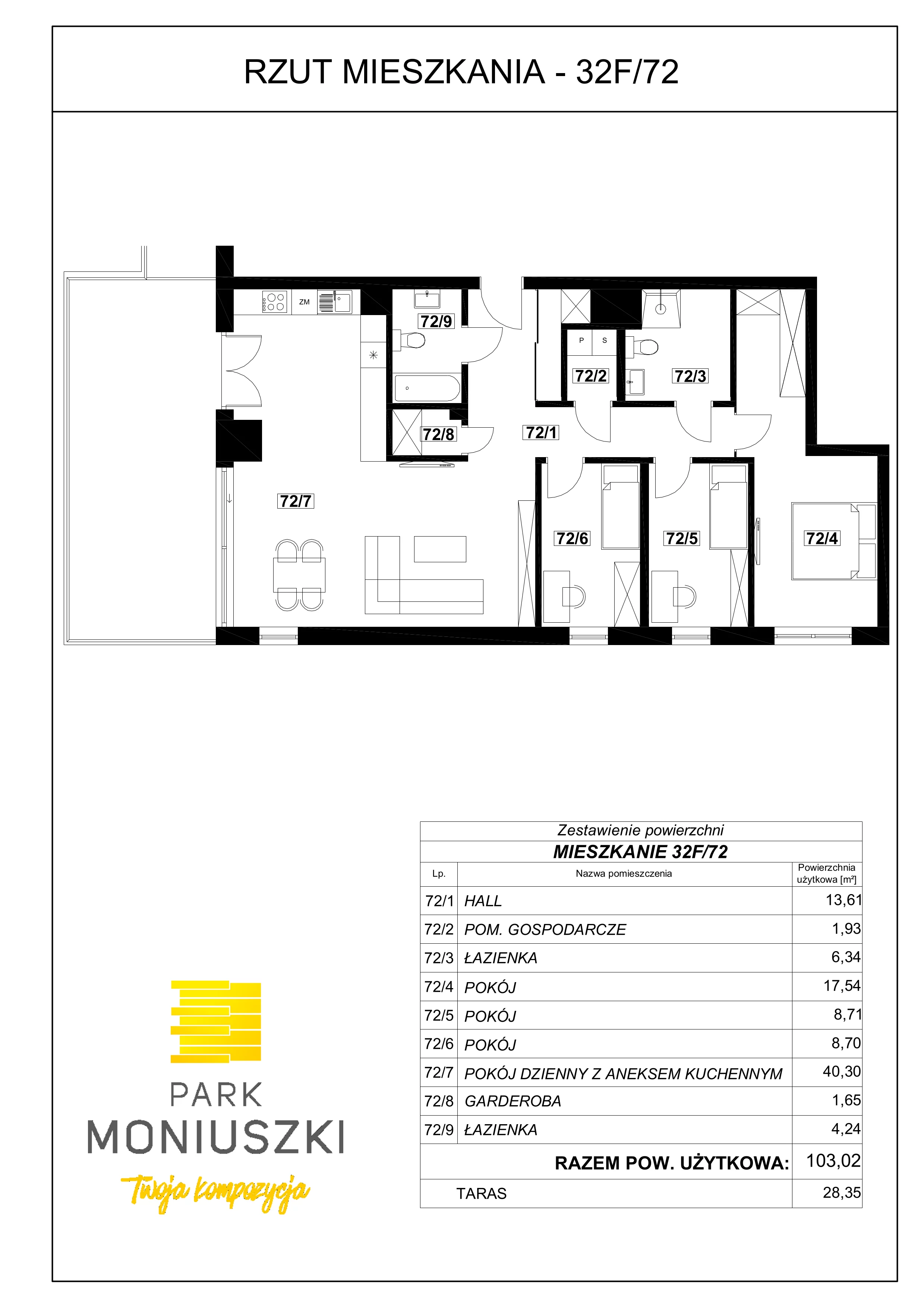 4 pokoje, mieszkanie 103,02 m², piętro 7, oferta nr 32F/72, Park Moniuszki II - bud. B, Mysłowice, ul. Moniuszki / Chopina