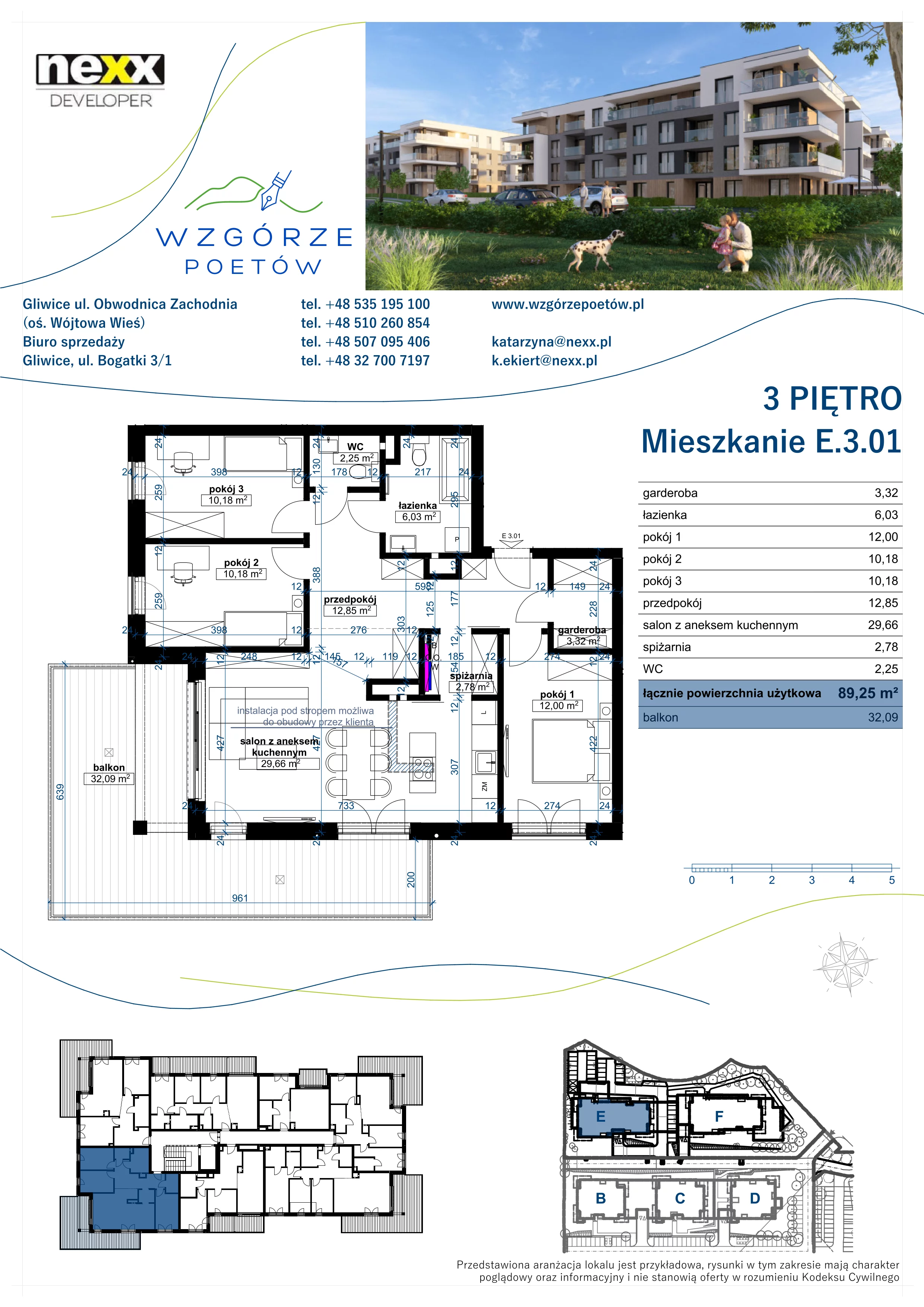 4 pokoje, mieszkanie 89,25 m², piętro 3, oferta nr E.3.01, Wzgórze Poetów 2, Gliwice, Wójtowa Wieś, ul. T. Mazowieckiego