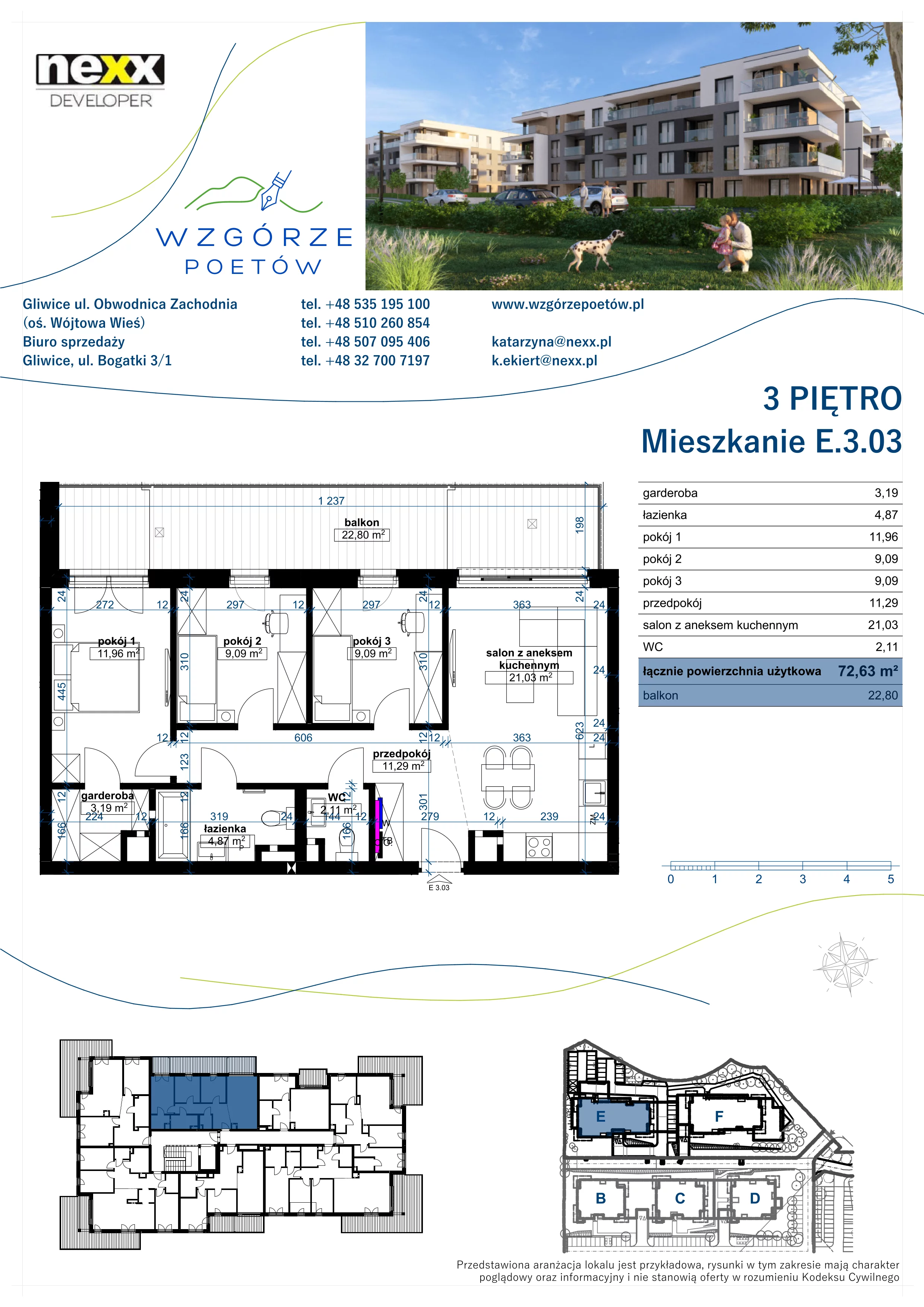 4 pokoje, mieszkanie 72,63 m², piętro 3, oferta nr E.3.03, Wzgórze Poetów 2, Gliwice, Wójtowa Wieś, ul. T. Mazowieckiego