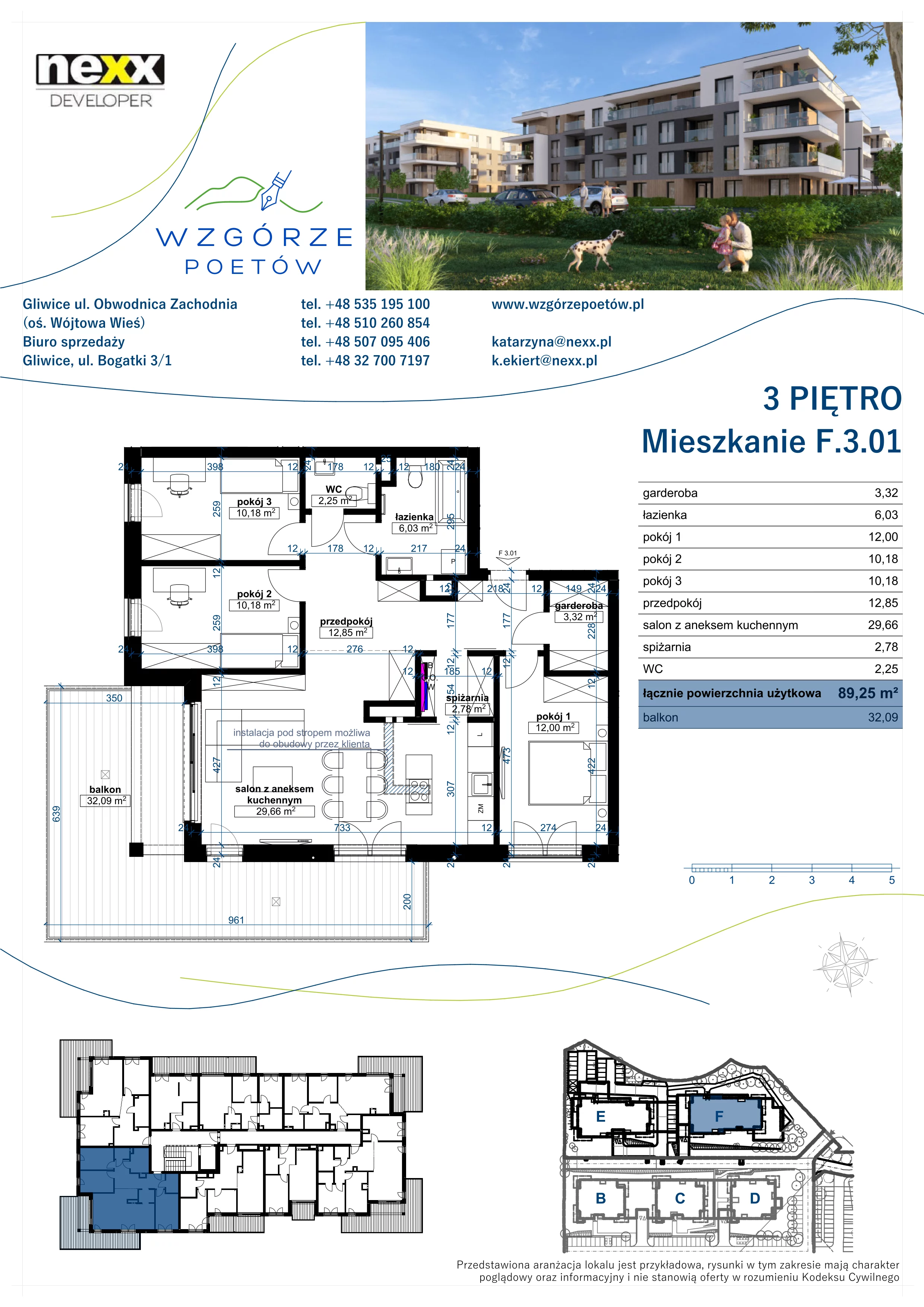 4 pokoje, mieszkanie 89,25 m², piętro 3, oferta nr F.3.01, Wzgórze Poetów 2, Gliwice, Wójtowa Wieś, ul. T. Mazowieckiego