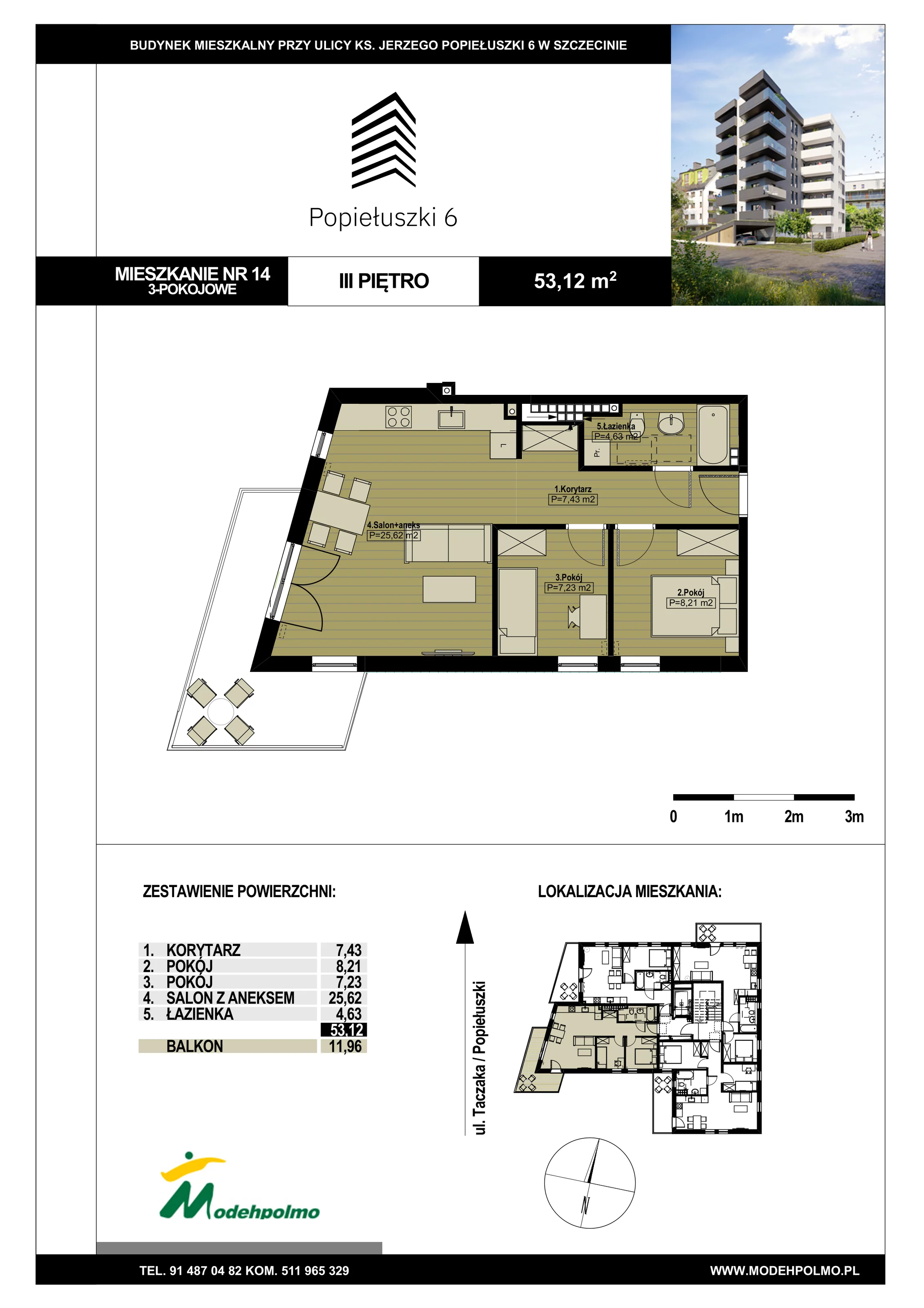 Mieszkanie 53,12 m², piętro 3, oferta nr 14, Popiełuszki, Szczecin, Zachód, Pogodno, ul. Popiełuszki 6