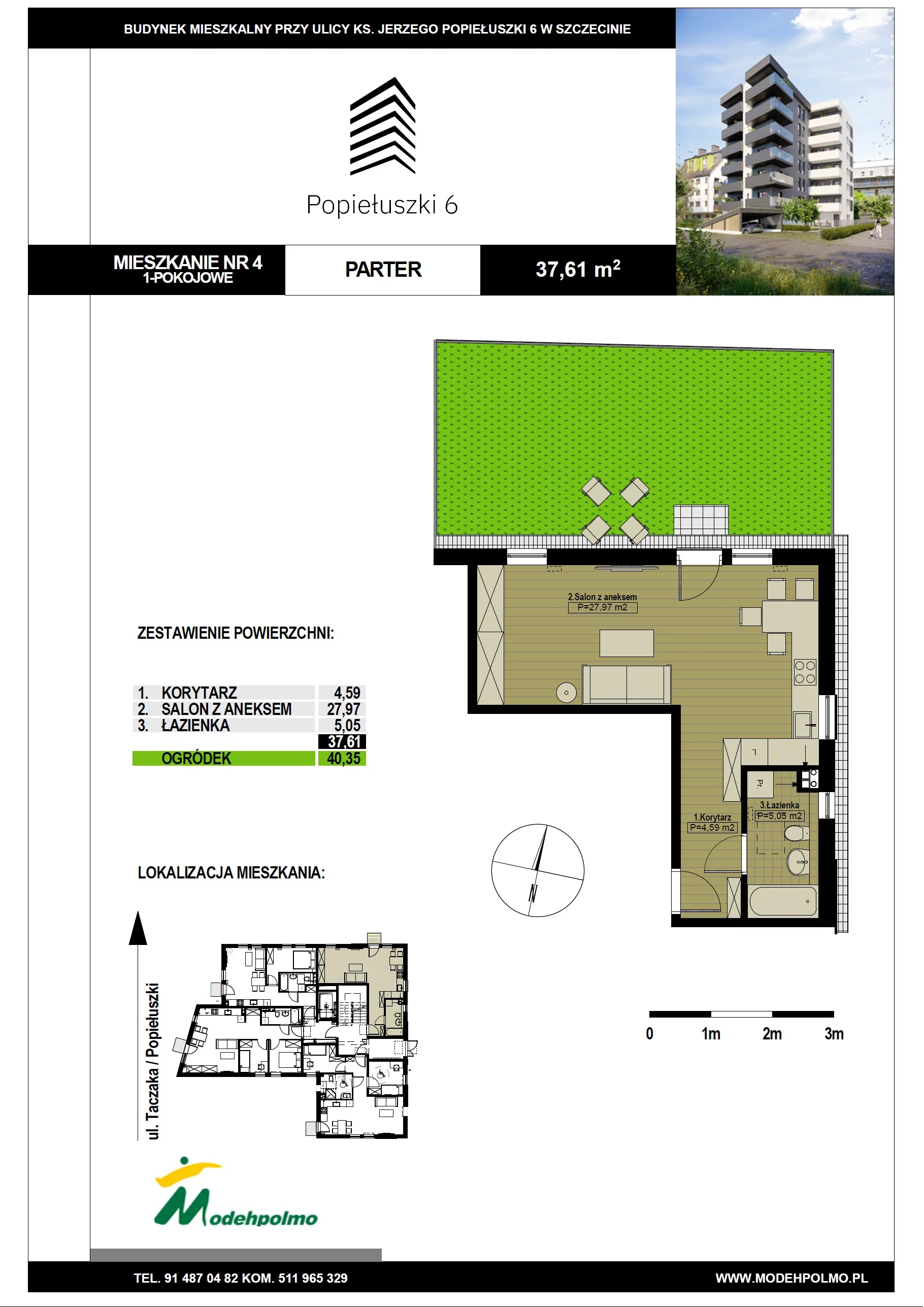 Mieszkanie 37,61 m², parter, oferta nr 4, Popiełuszki, Szczecin, Zachód, Pogodno, ul. Popiełuszki 6