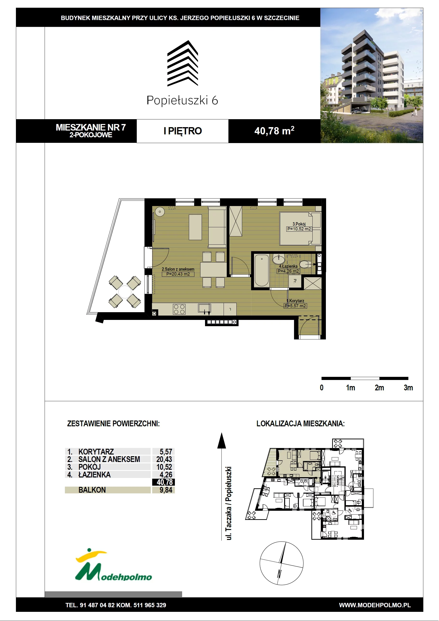 Mieszkanie 40,78 m², piętro 1, oferta nr 7, Popiełuszki, Szczecin, Zachód, Pogodno, ul. Popiełuszki 6