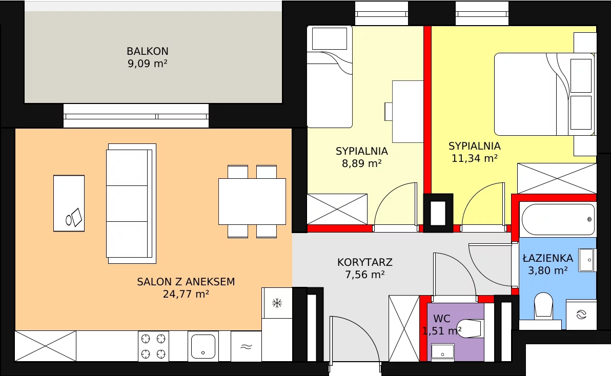 Apartament 57,87 m², piętro 2, oferta nr A1.2.23, Mirabelkowa Eko, Łódź, Polesie, Złotno, ul. Podchorążych 49