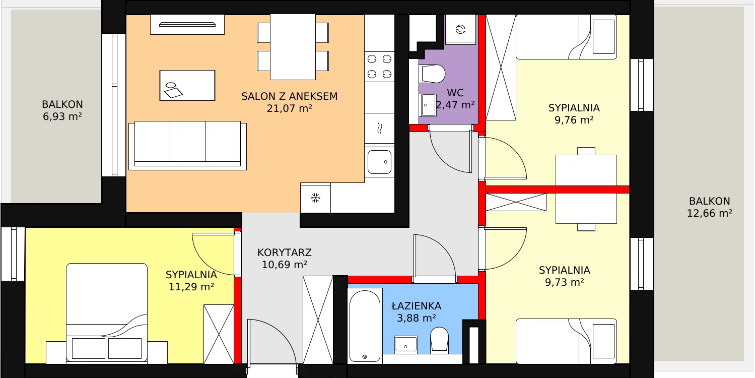 4 pokoje, apartament 68,89 m², piętro 2, oferta nr A2.2.34, Mirabelkowa Eko, Łódź, Polesie, Złotno, ul. Podchorążych 49