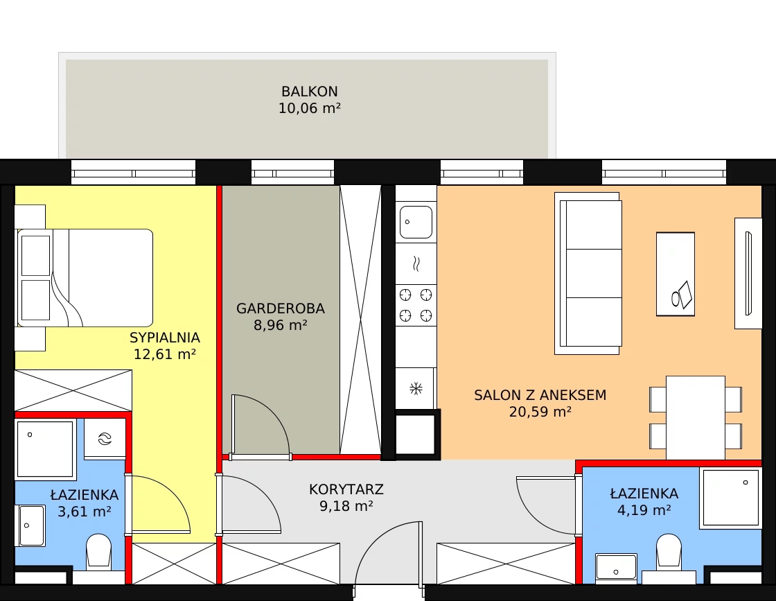 2 pokoje, mieszkanie 59,14 m², piętro 2, oferta nr A1.2.29, Moja Retkinia, Łódź, Polesie, Retkinia, ul. Obywatelska 158