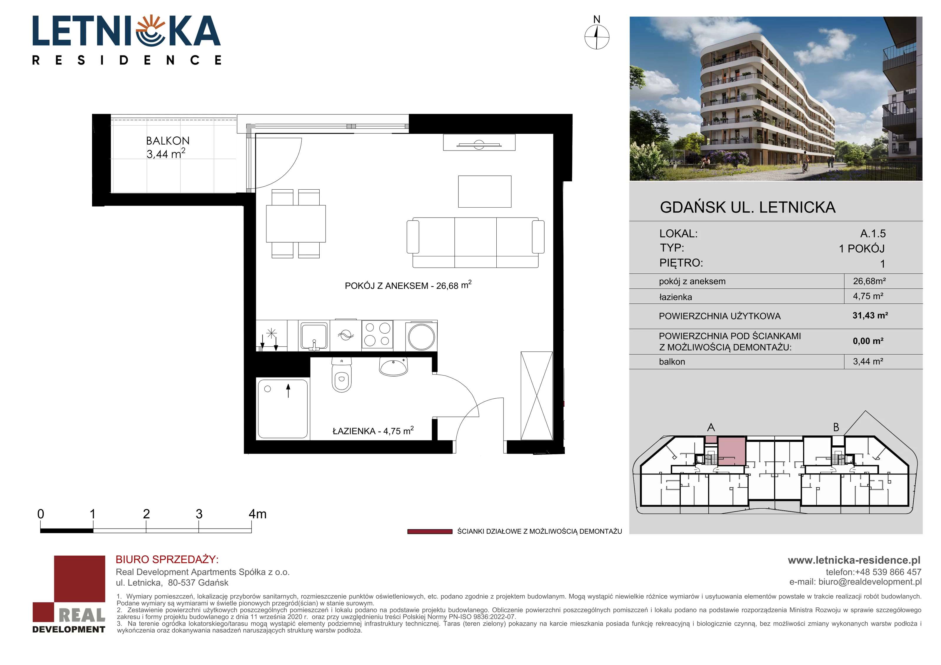 1 pokój, lokal inwestycyjny 31,47 m², piętro 1, oferta nr A_1_05, Letnicka Residence, Gdańsk, Letnica, ul. Letnicka