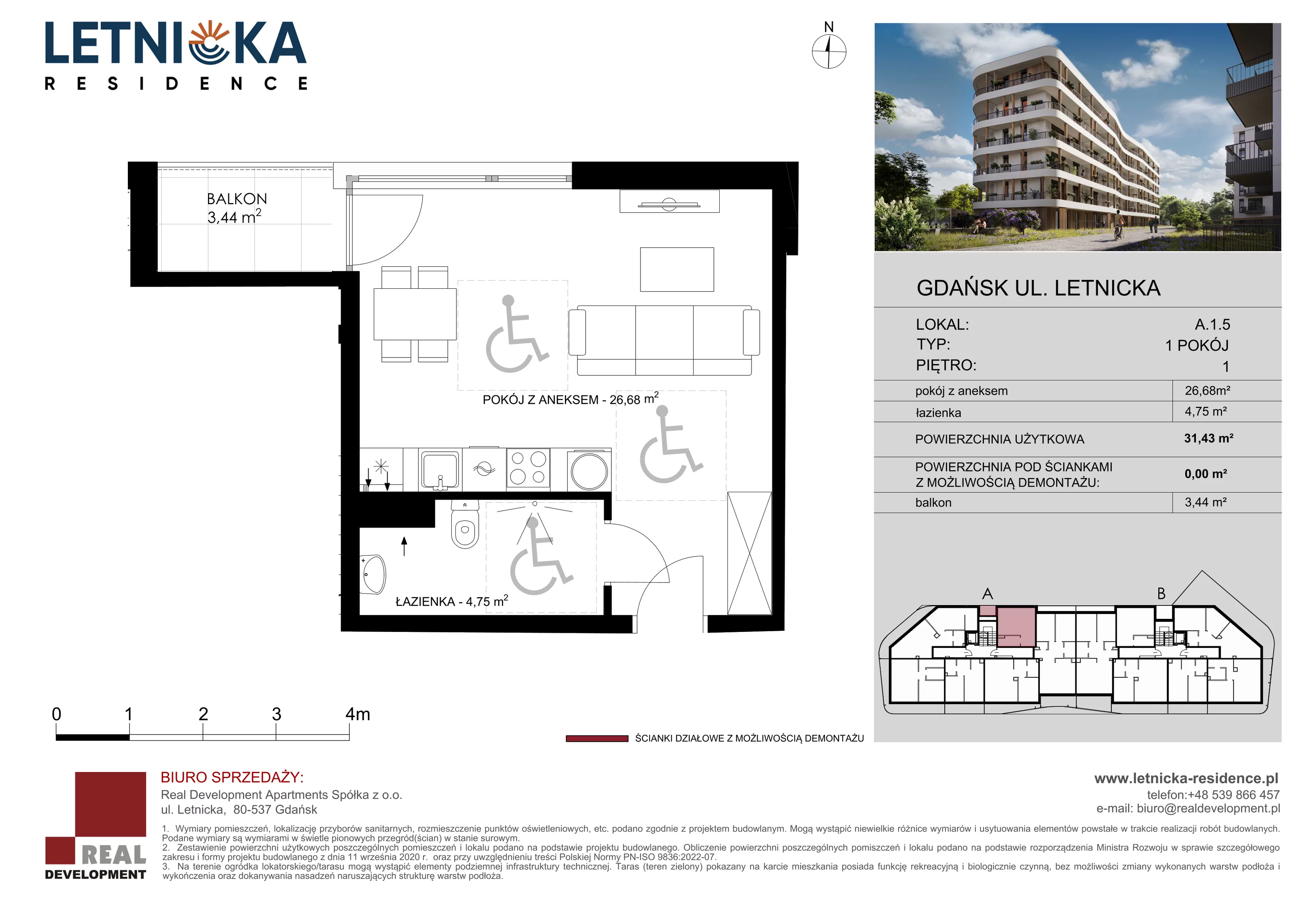 1 pokój, lokal inwestycyjny 31,47 m², piętro 1, oferta nr A_1_05, Letnicka Residence, Gdańsk, Letnica, ul. Letnicka